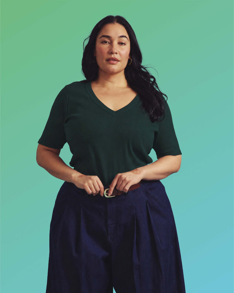 Classic V-Neck Ribbed Tee - Conifer