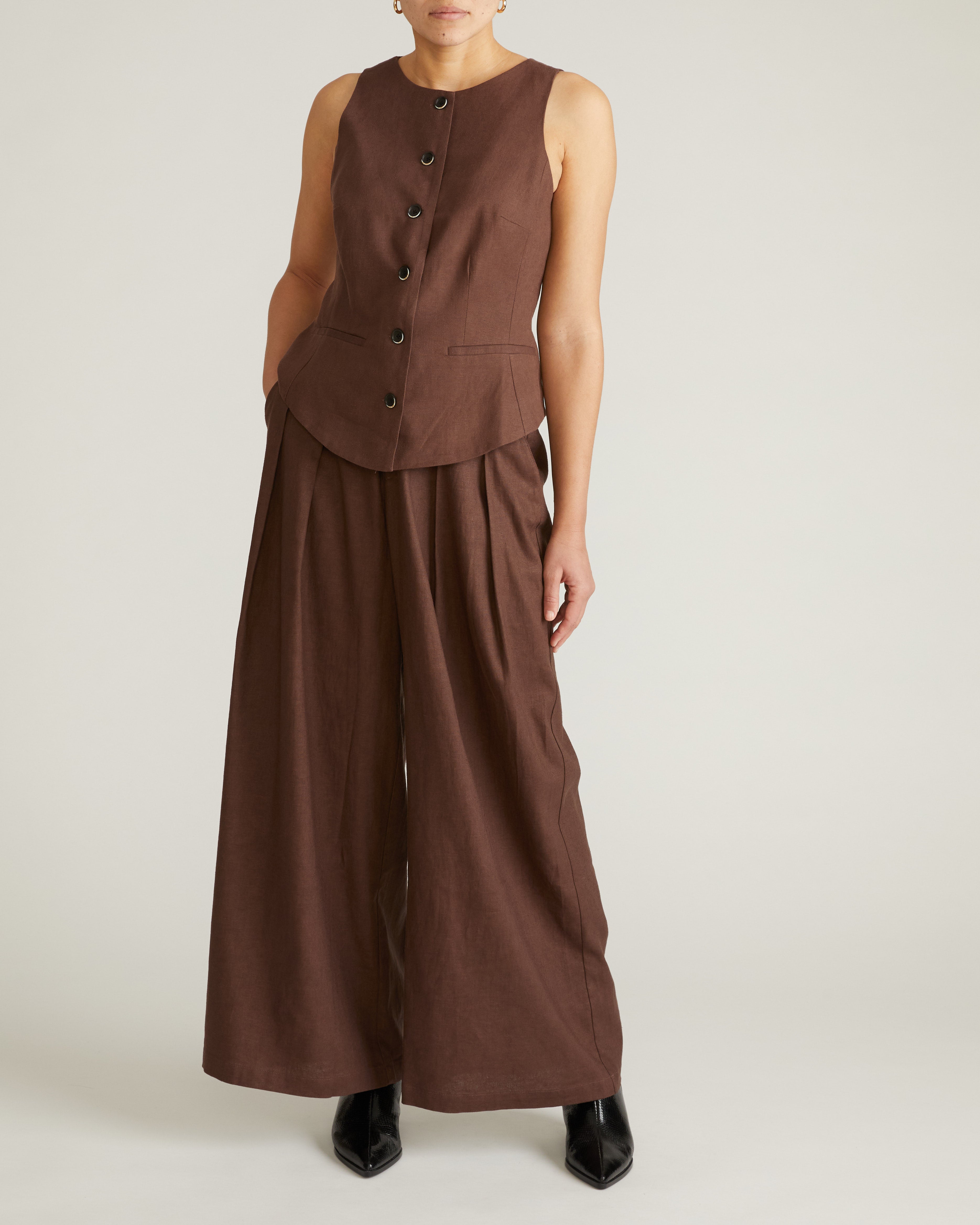 Tamsin Stretch Linen Blend Vest - Sophisticated Brown – Universal