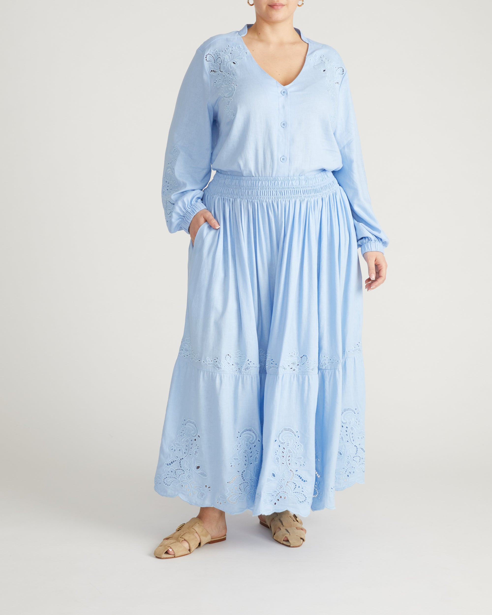 Frances Embroidered Linen Blend Blouse - / Cielo Blue- Size3XL