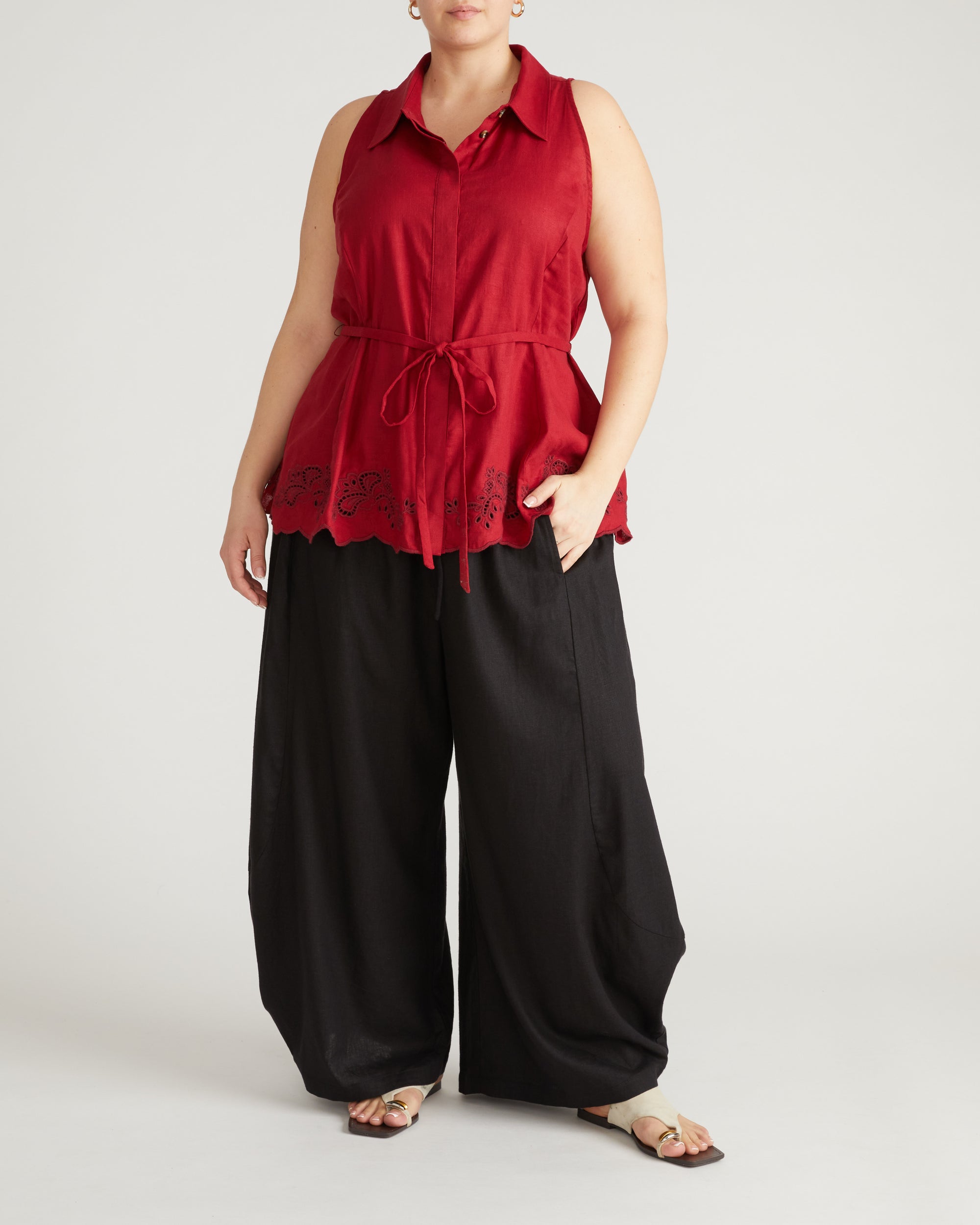 Adelaide Embroidered Sleeveless Linen Shirt - Vibrant Red | Plus Size & Straight Size Women's Fashion | Universal Standard