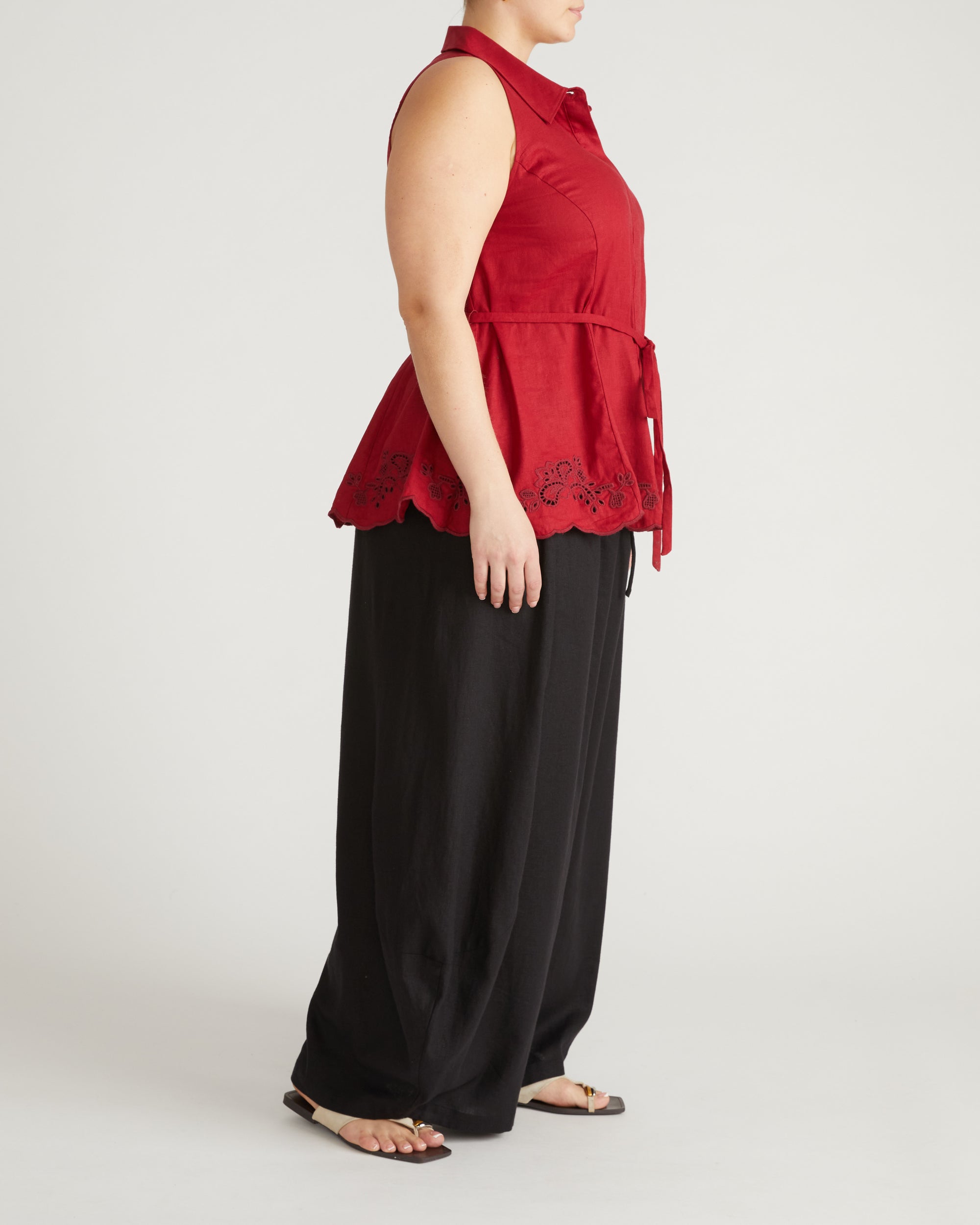 Adelaide Embroidered Sleeveless Linen Shirt - Vibrant Red | Plus Size & Straight Size Women's Fashion | Universal Standard