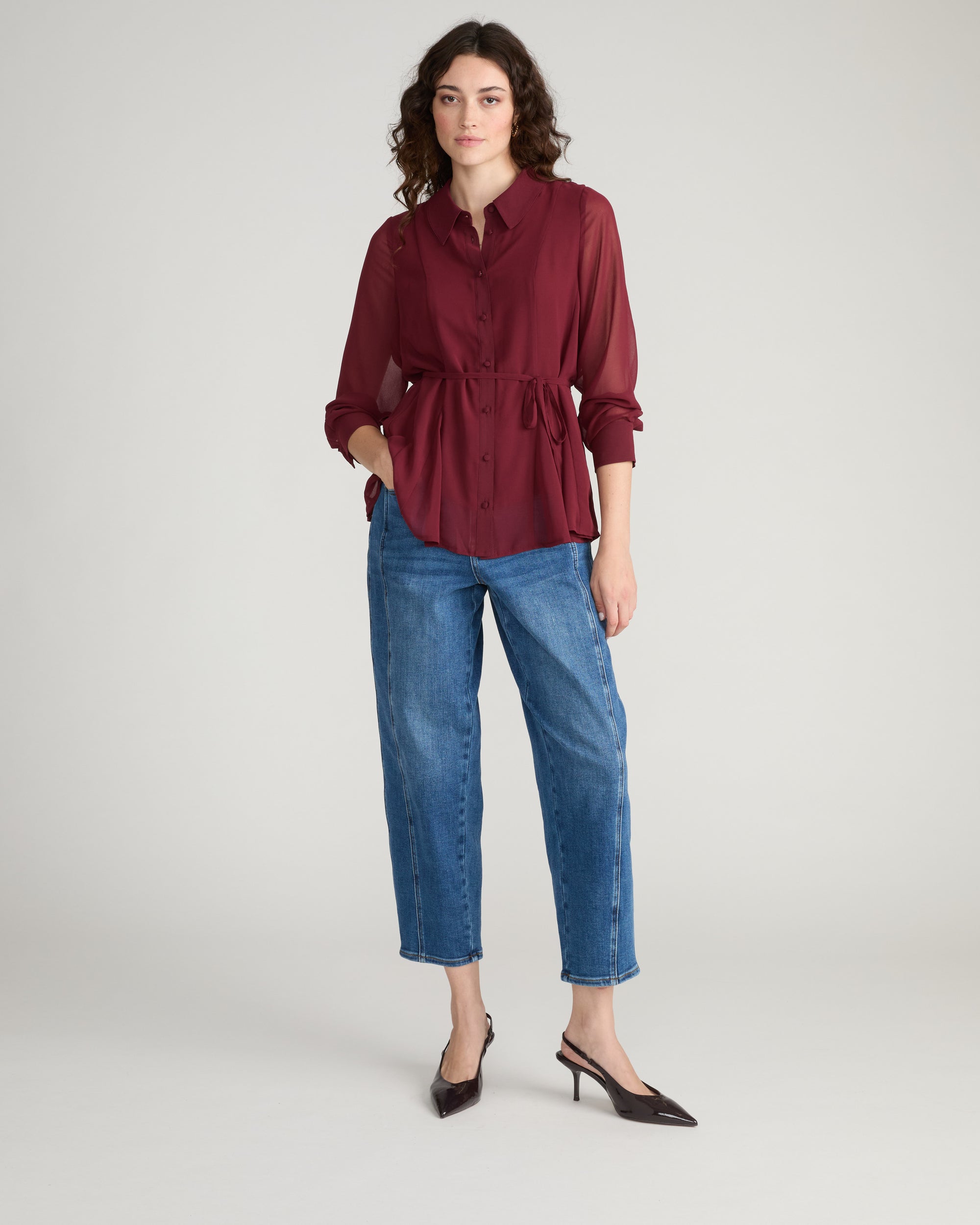 Hermione Flowy Hem Chiffon Blouse - Deep Red