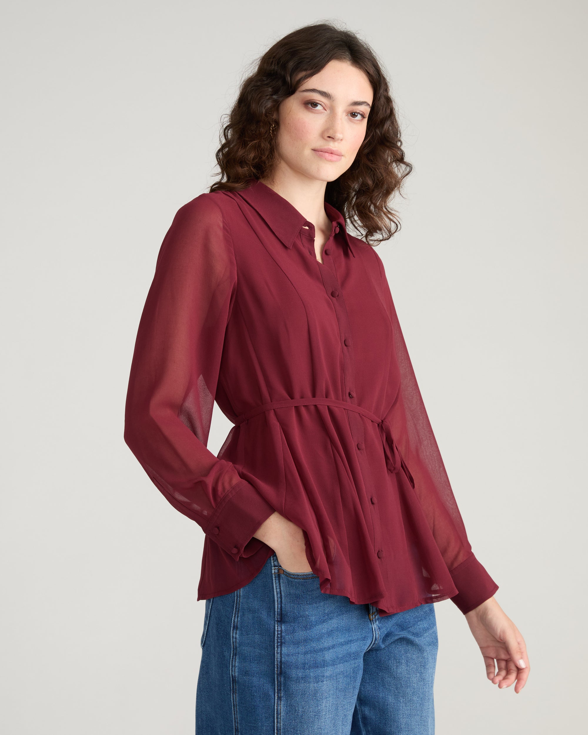 Hermione Flowy Hem Chiffon Blouse - Deep Red