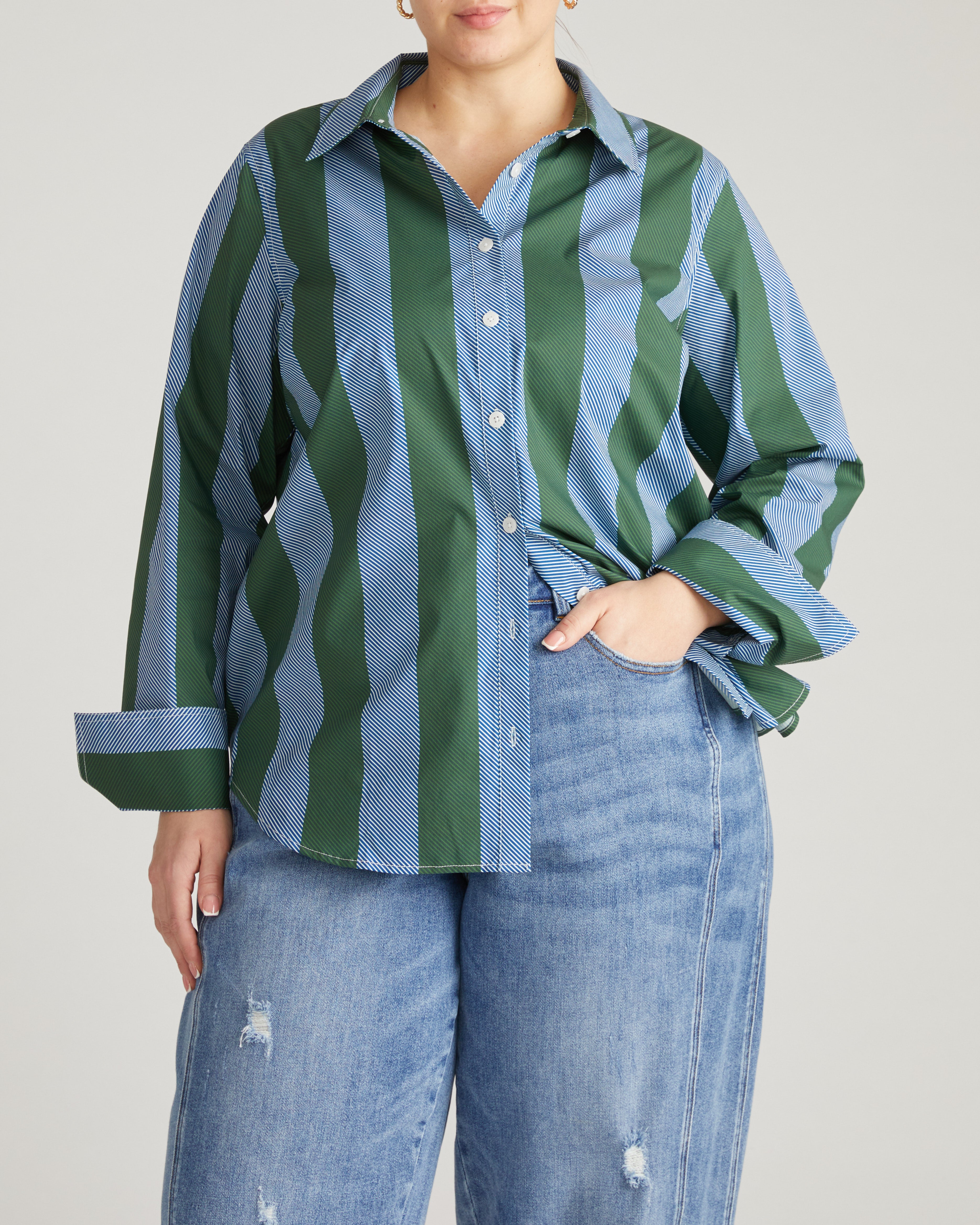 Henning x US Madison Shirt - Green/Blue Directional Stripe