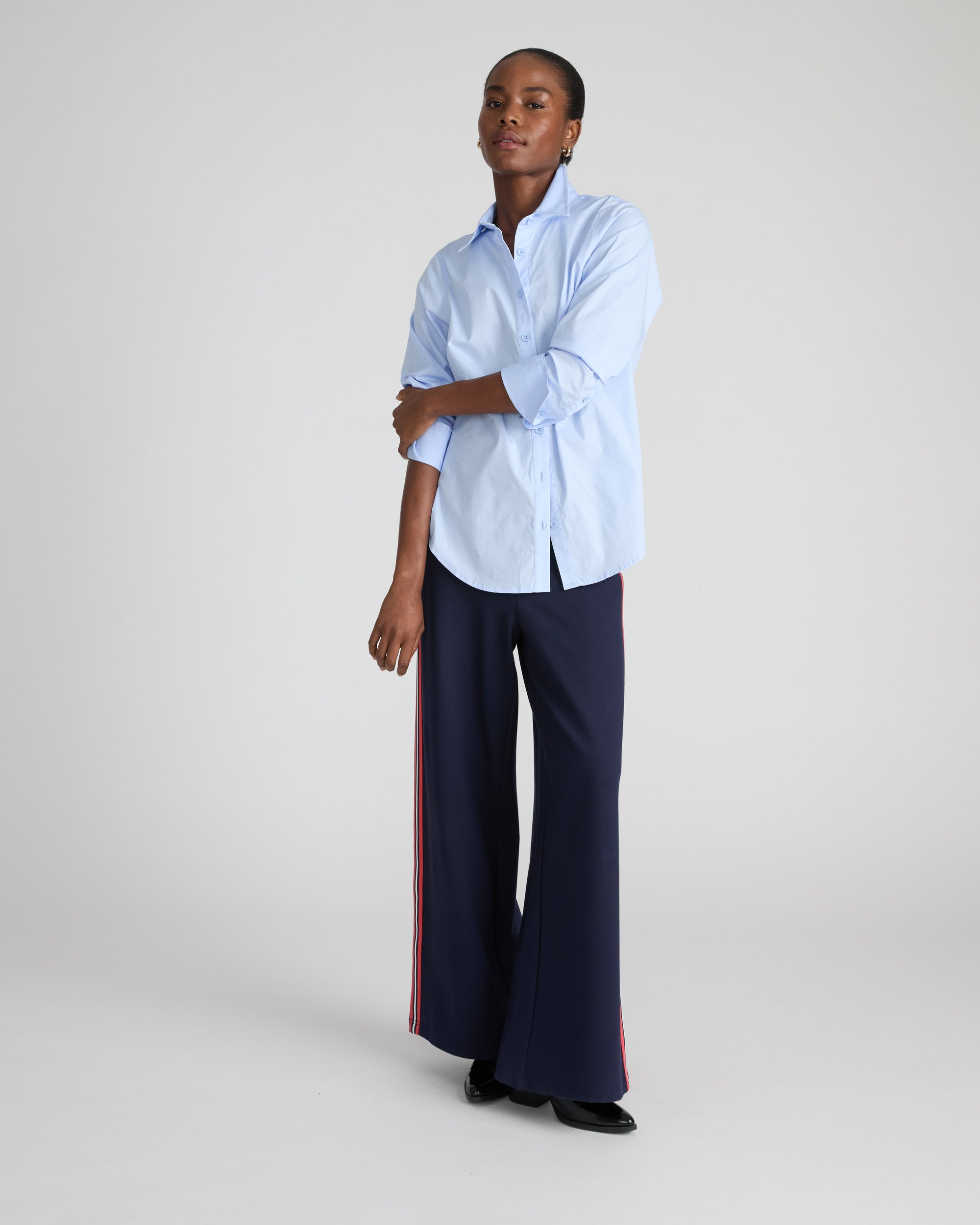 Stephanie Wide Leg Stripe Ponte Pants 30 Inch - Navy with Retro Red Stripe | Plus Size & Straight Size Women's Fashion | Universal Standard