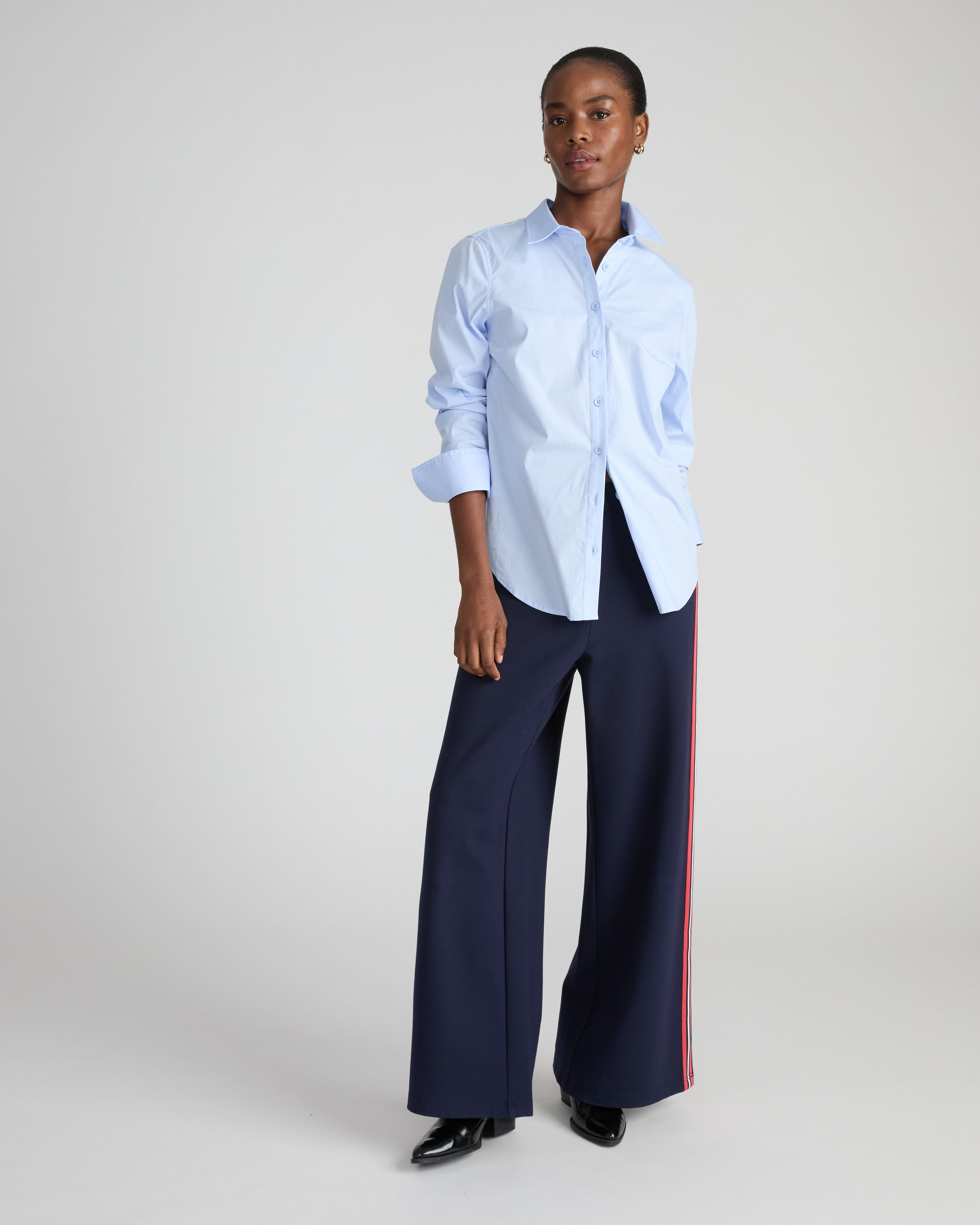 Stephanie Wide Leg Stripe Ponte Pants 30 Inch - Navy with Retro Red Stripe | Plus Size & Straight Size Women's Fashion | Universal Standard