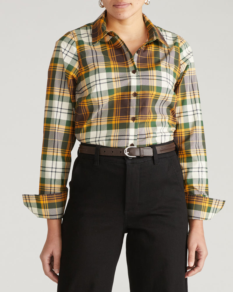 Woman wearing Henning x US Madison Shirt - Brown Plaid from Universal Standard