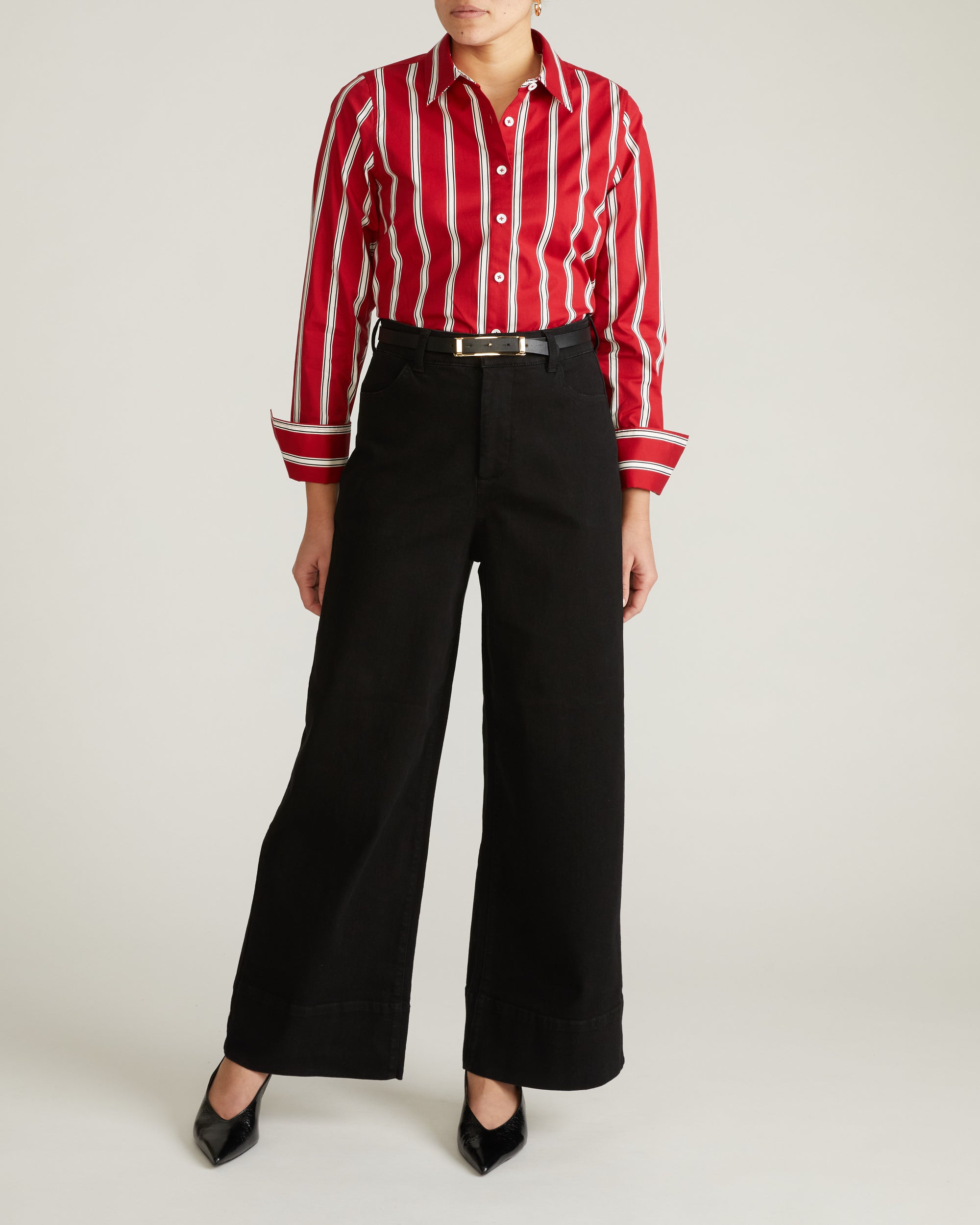 Woman wearing Henning x US Madison Shirt - Red/Black/White Stripe from Universal Standard