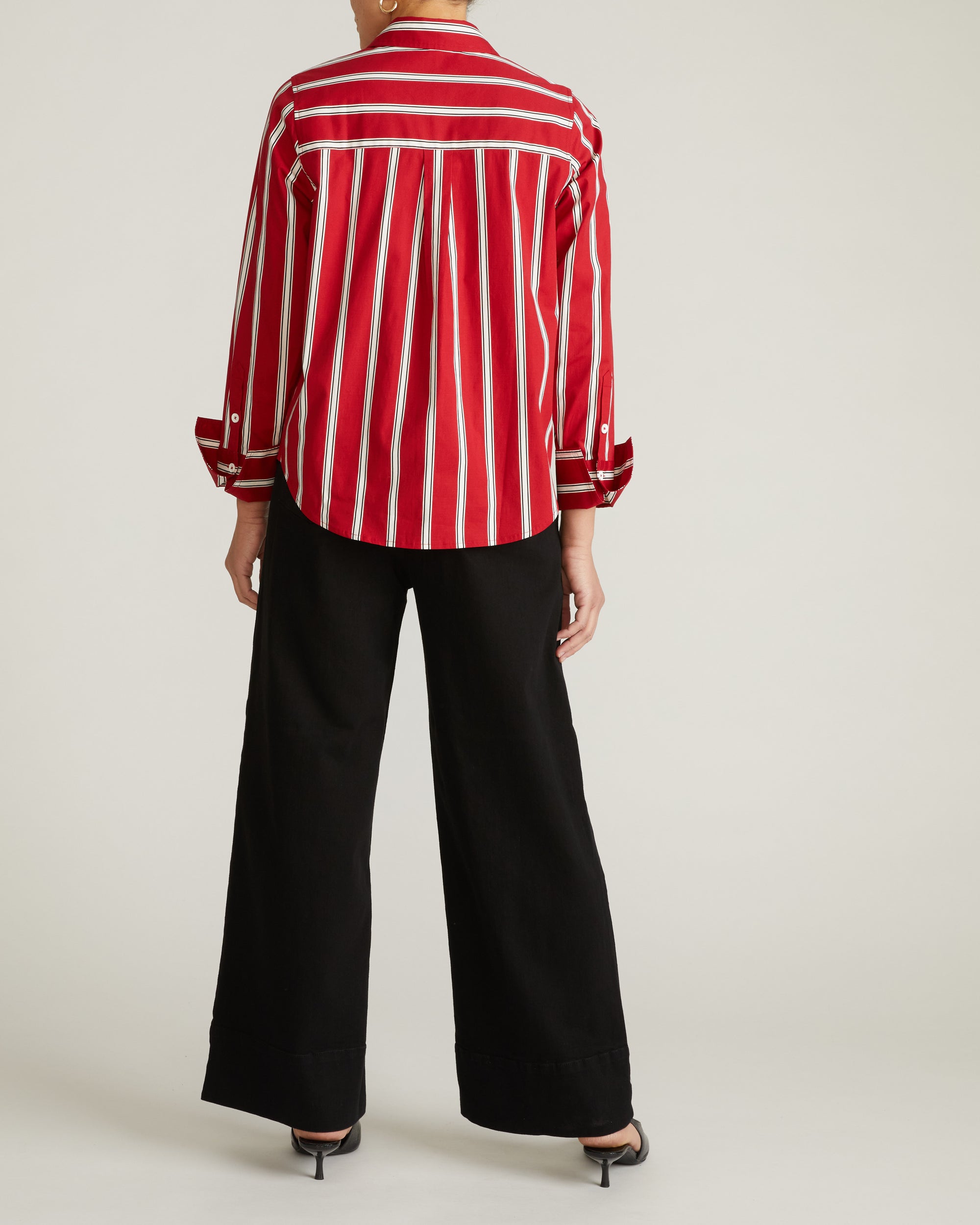 Woman wearing Henning x US Madison Shirt - Red/Black/White Stripe from Universal Standard