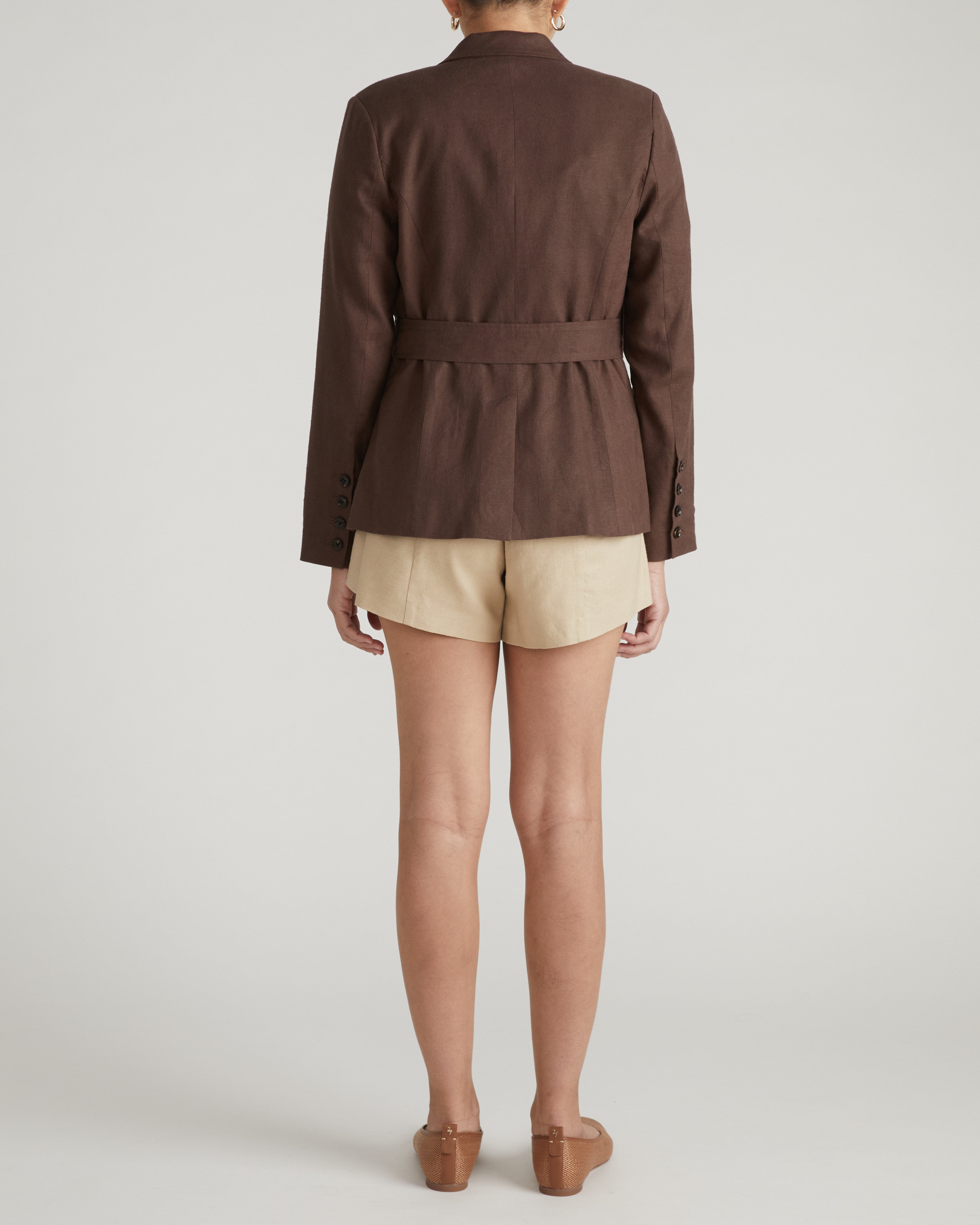 Belted Double Breasted Linen Blazer - Sophisticated Brown