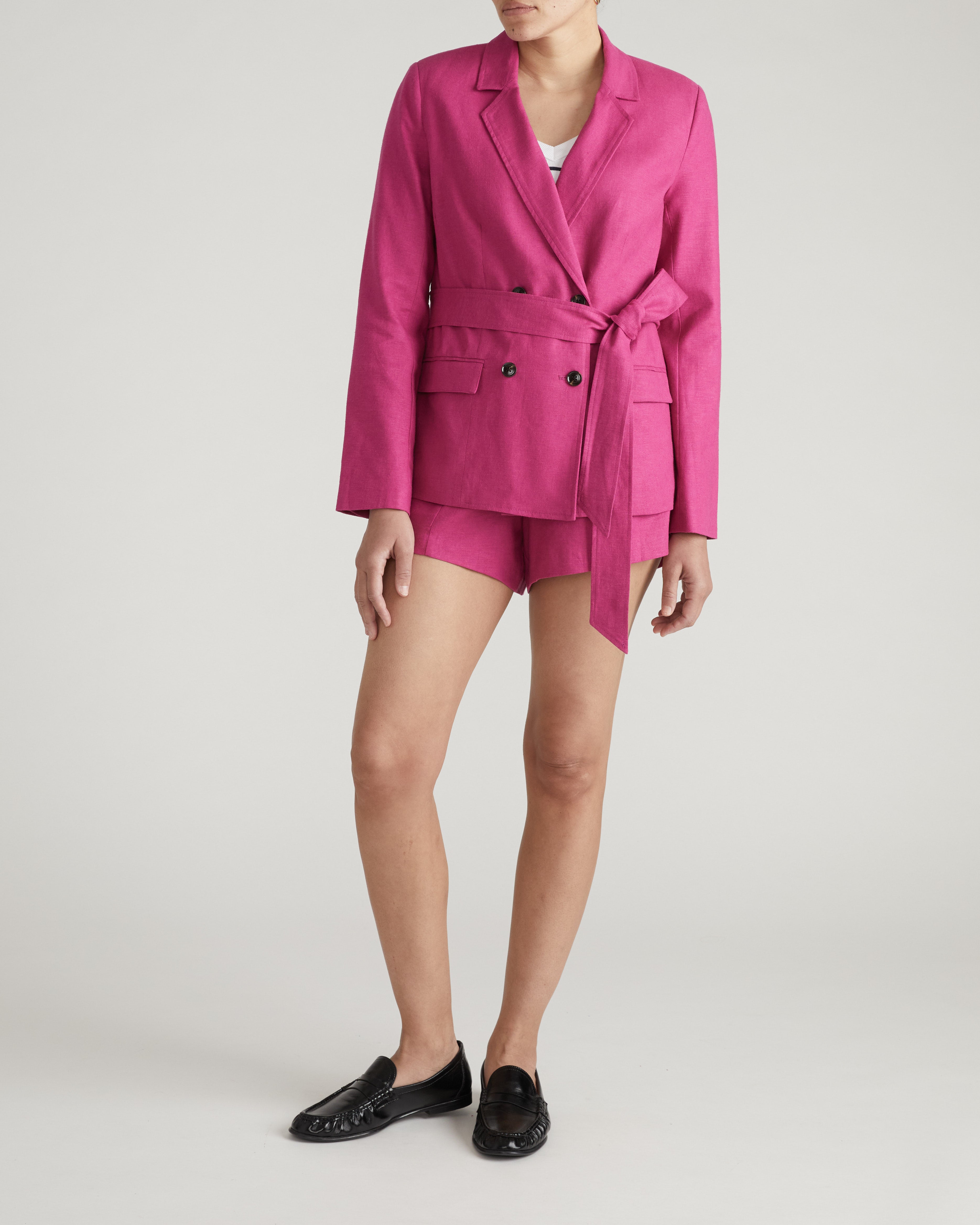 Belted Double Breasted Linen Blend Blazer - Hyper Pink – Universal