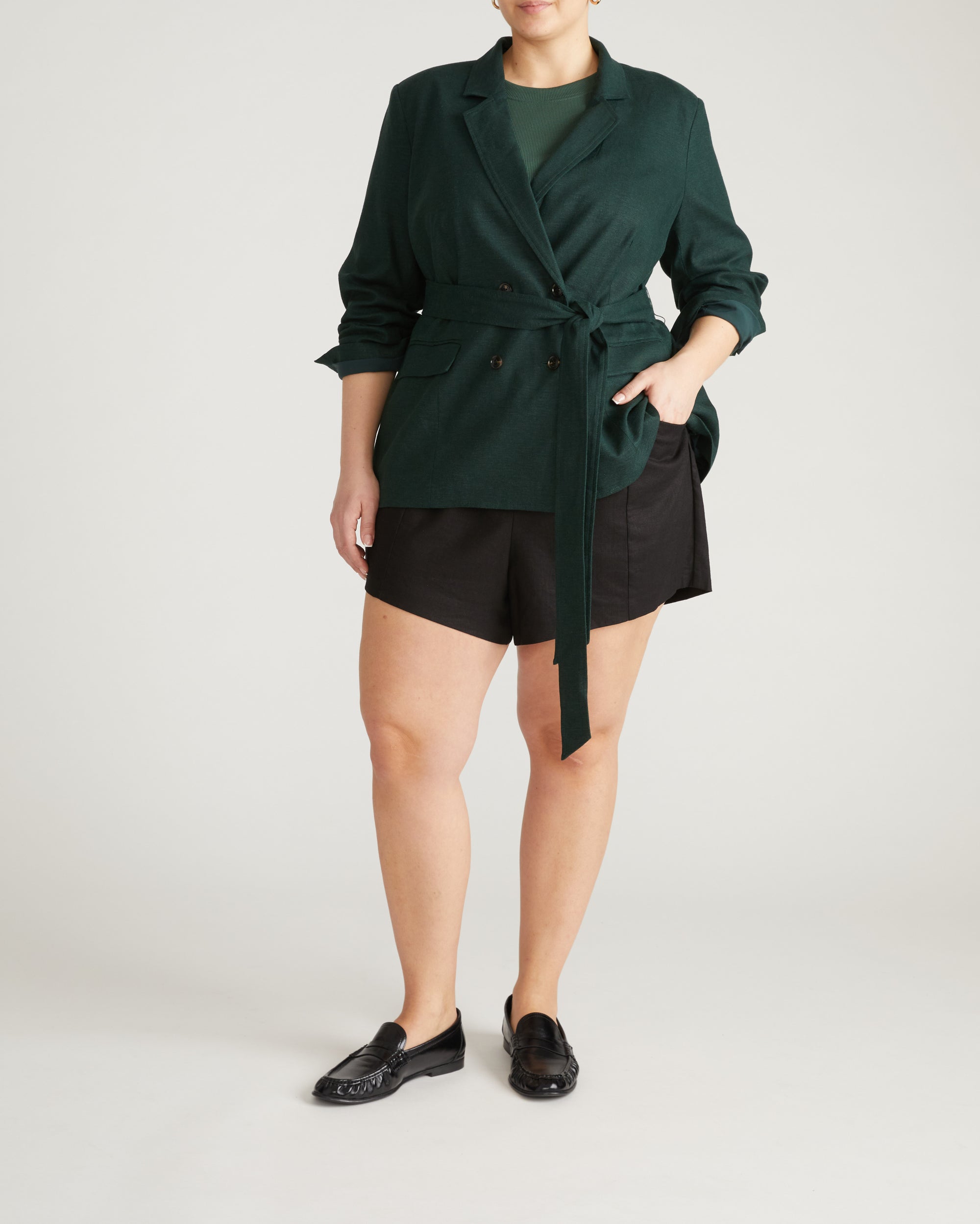 Belted Double Breasted Linen Blazer - Forest Green  Universal Standard