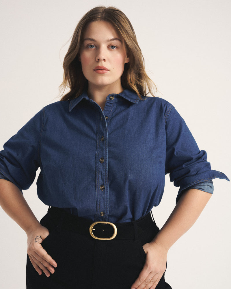 Minimalist Stretch Cotton Chambray Shirt - Orion Blue | Plus Size & Straight Size Women's Fashion | Universal Standard