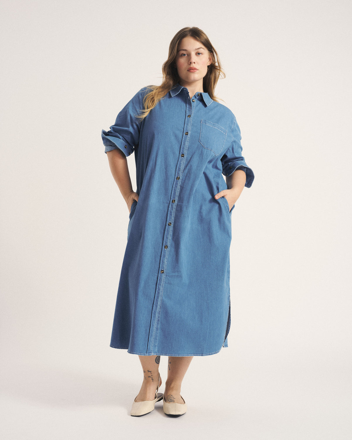 Odeon Stretch Cotton Chambray Shirtdress - Cove Blue | Plus Size & Straight Size Women's Fashion | Universal Standard