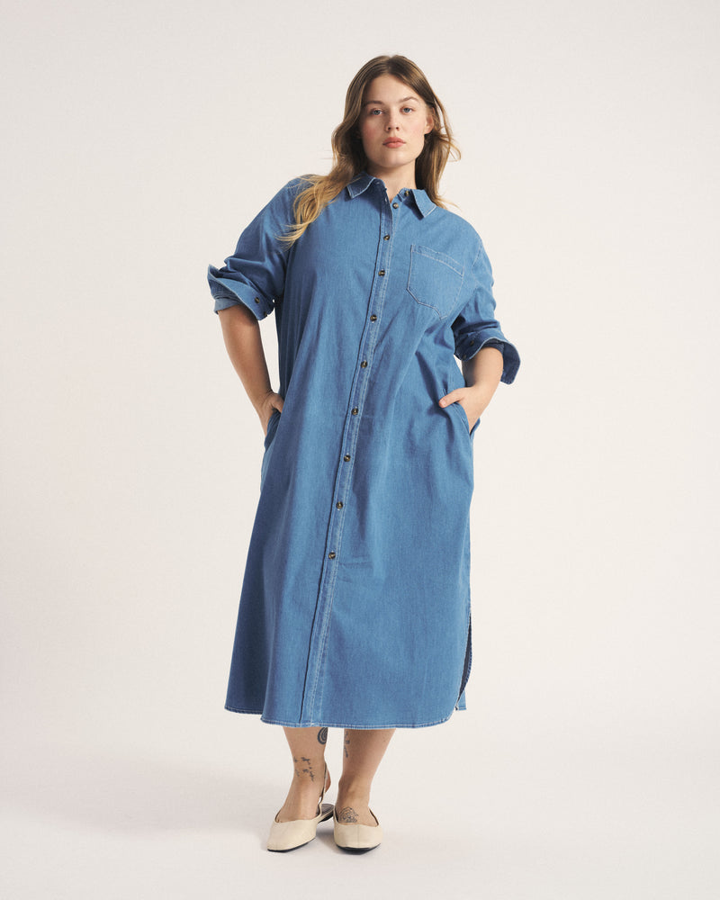 Odeon Stretch Cotton Chambray Shirtdress - Cove Blue | Plus Size & Straight Size Women's Fashion | Universal Standard