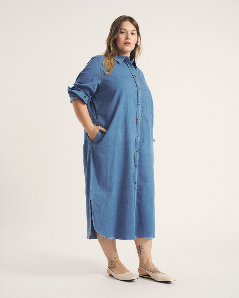 Odeon Stretch Cotton Chambray Shirtdress - Cove Blue | Plus Size & Straight Size Women's Fashion | Universal Standard
