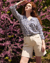 Cooling Stretch Cupro Button-Down Blouse - Navy Hacienda Print