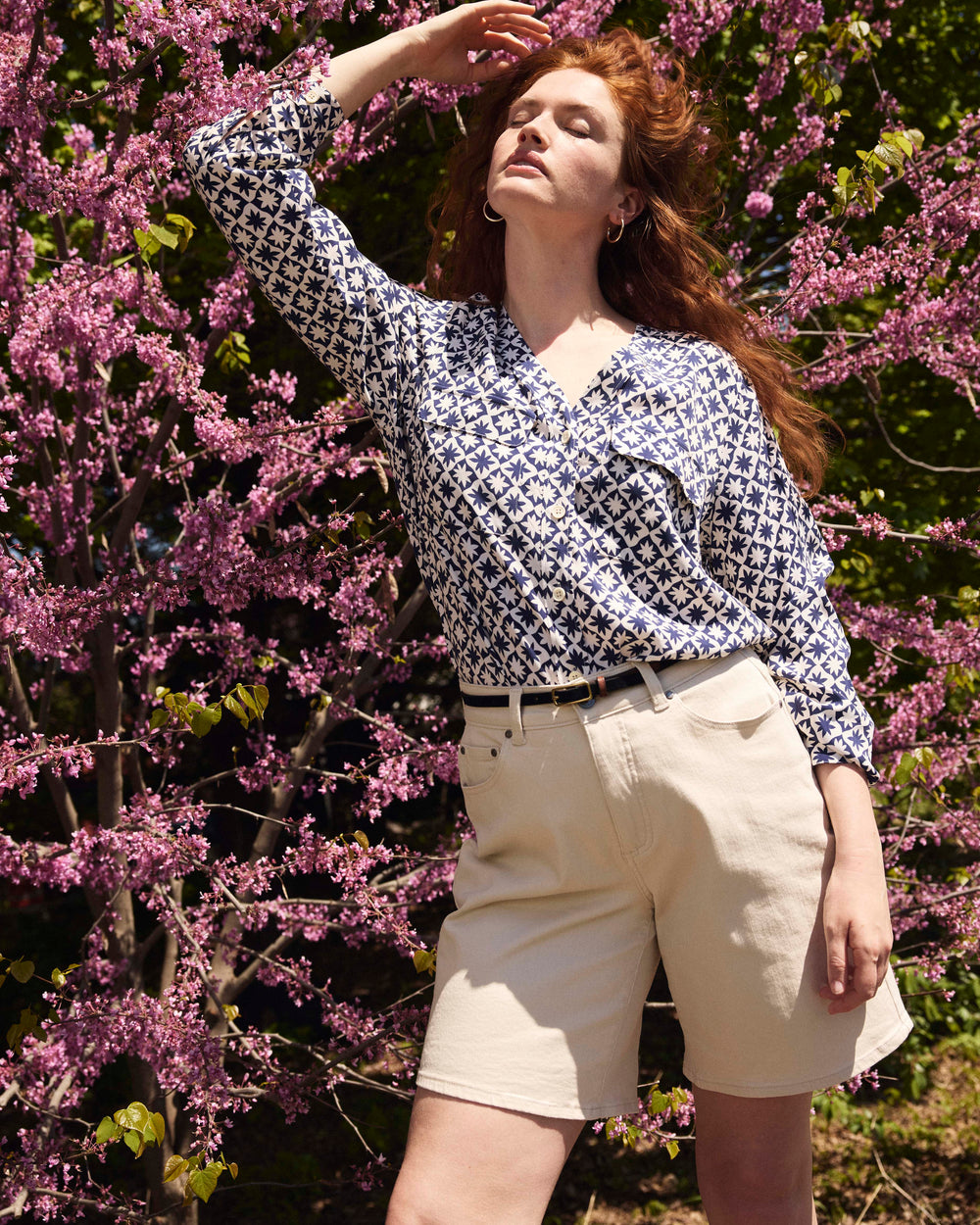 Cooling Stretch Cupro Button-Down Blouse - Navy Hacienda Print