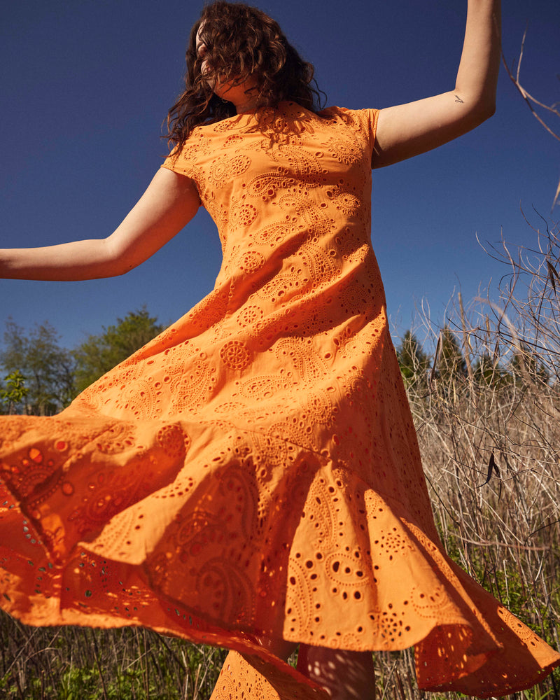 Sunset Cotton Eyelet Flounce Dress - Arancia