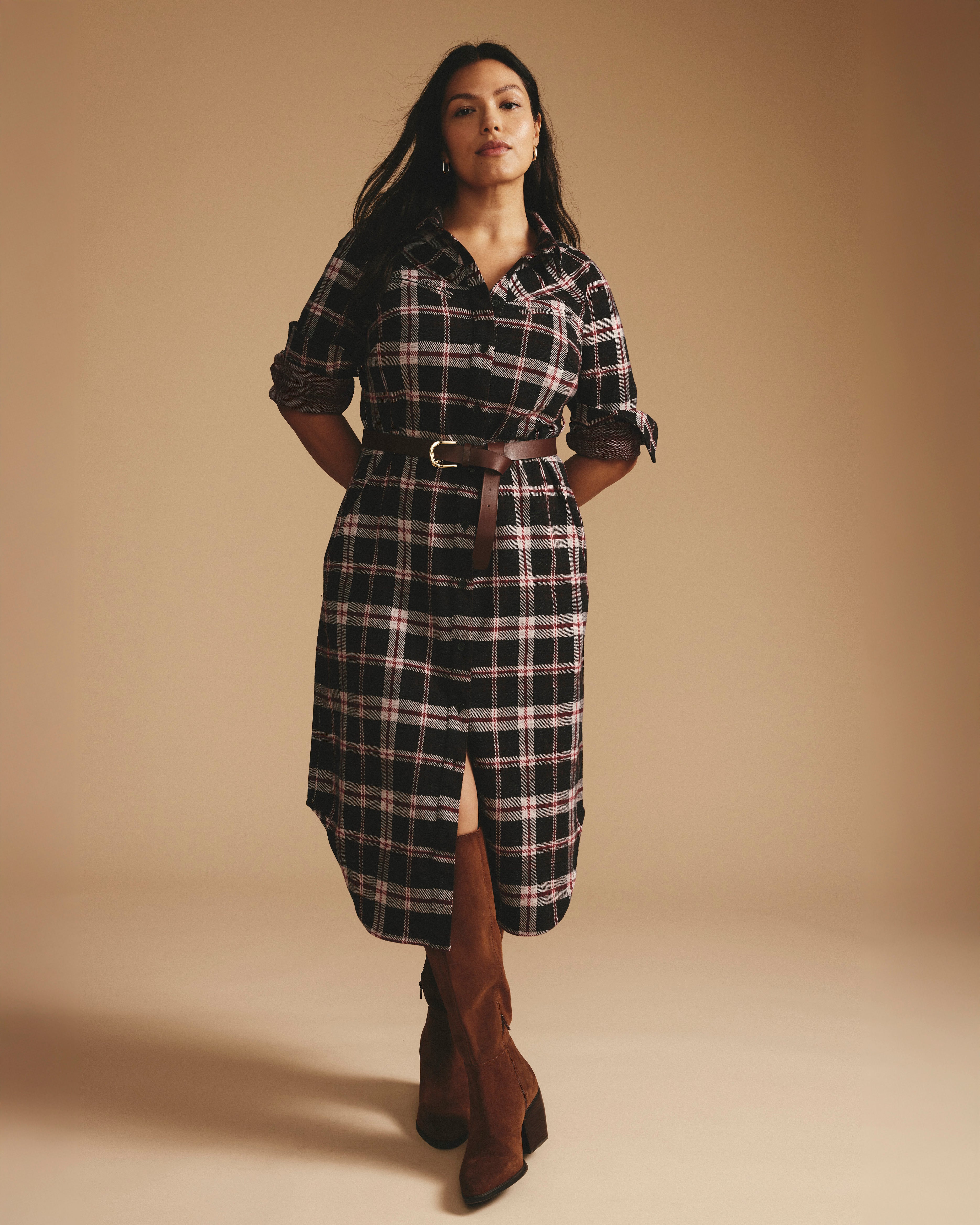 Morgan Belted Stretch Flannel Shirtdress - Poppy Plaid – Universal
