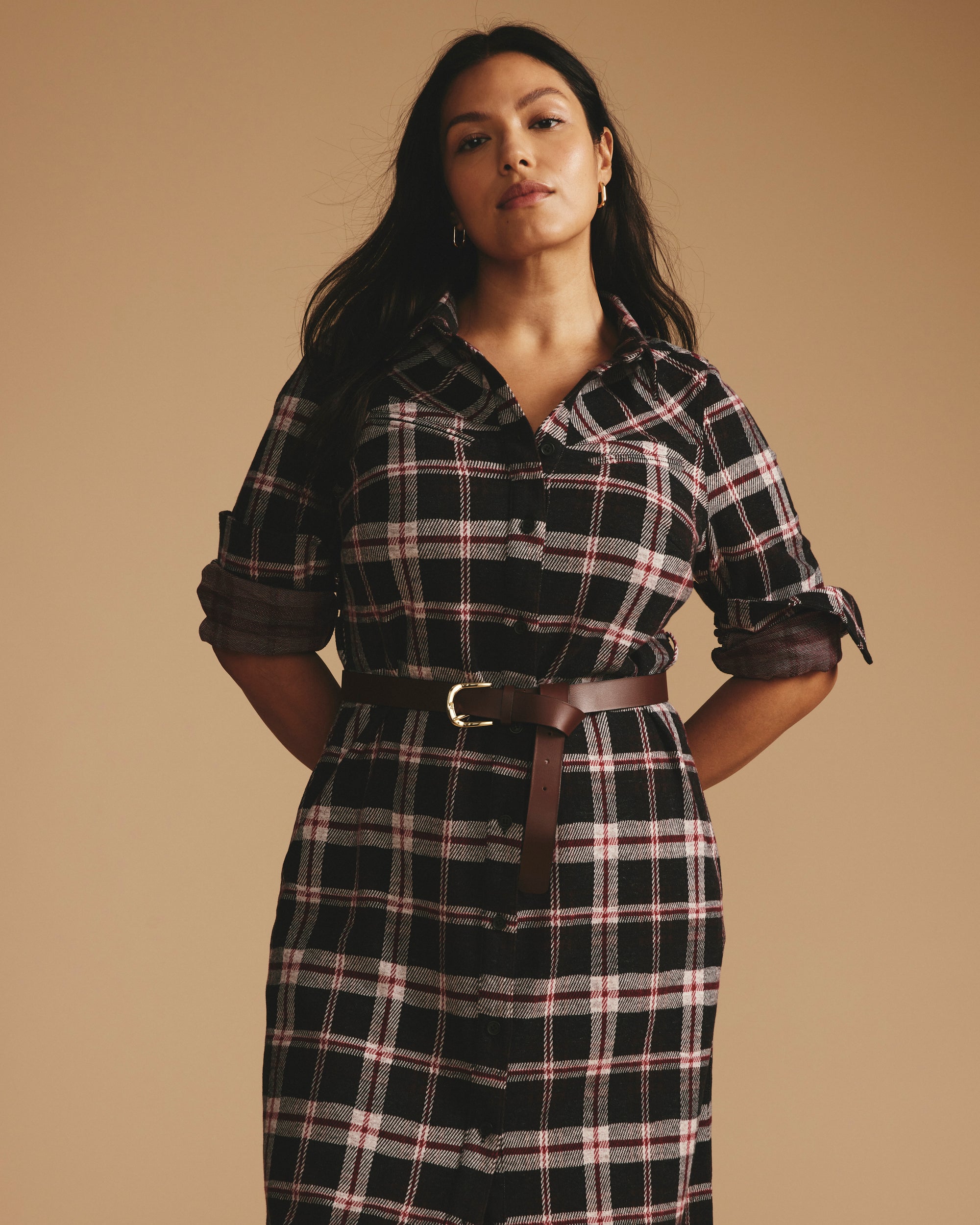 Morgan Stretch Flannel Shirtdress - Poppy Plaid