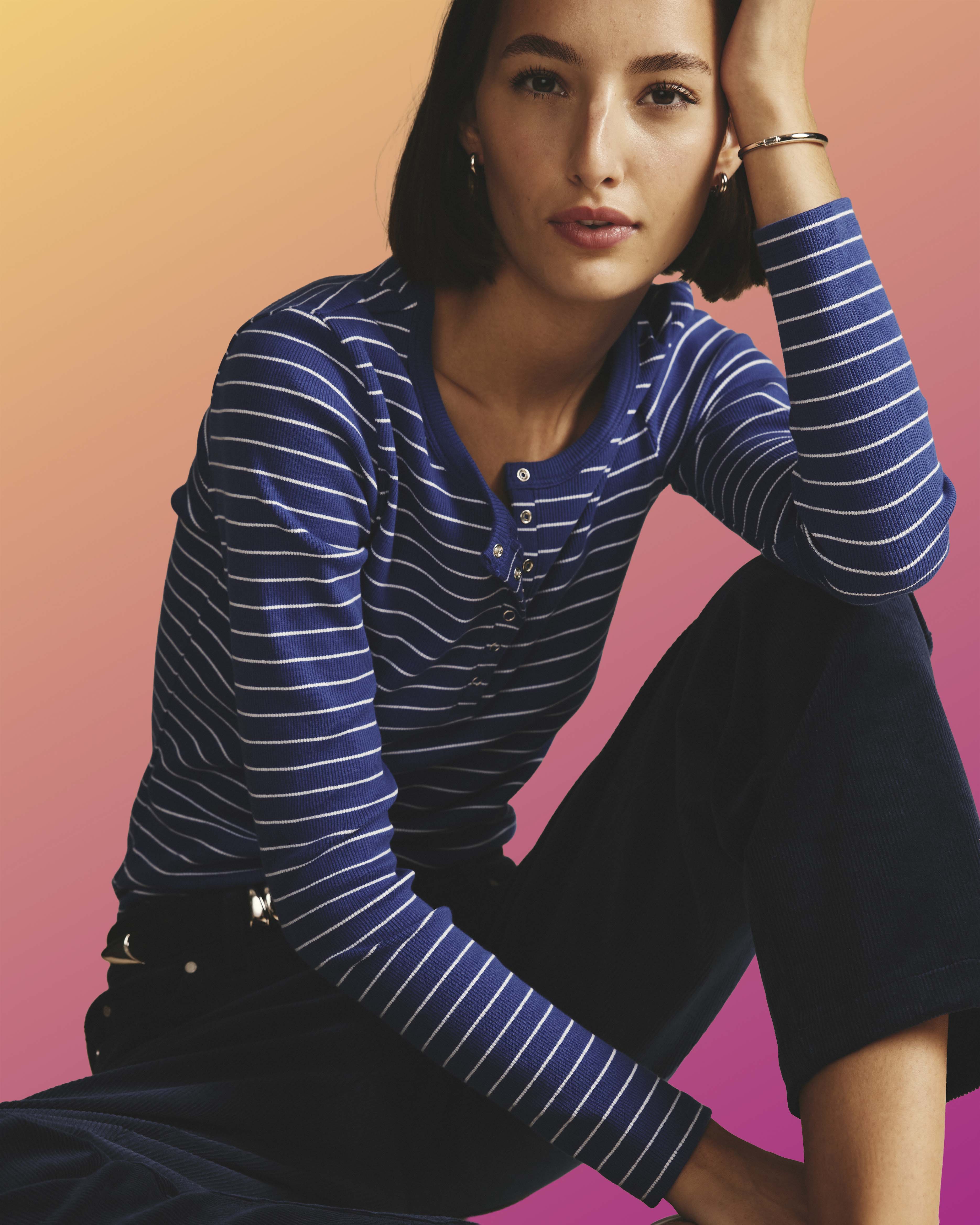 Henley Long Sleeve Ribbed Tee - Bright Blue/White Microstripe | Plus Size & Straight Size Women's Fashion | Universal Standard