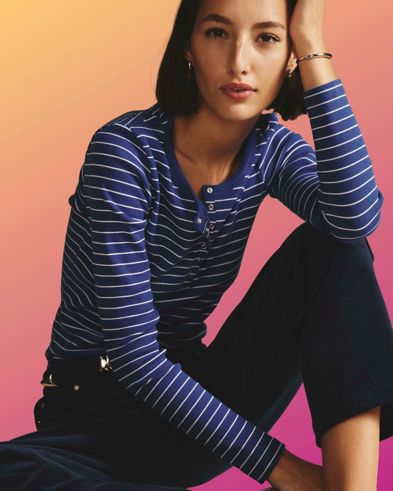 Henley Long Sleeve Ribbed Tee - Bright Blue/White Microstripe | Plus Size & Straight Size Women's Fashion | Universal Standard