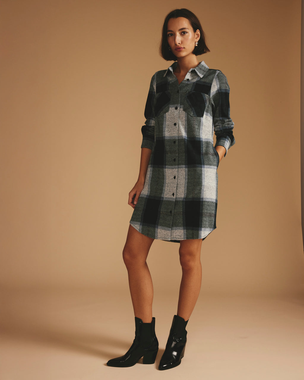 Maine Stretch Flannel Shirtdress - Mate Green Plaid - Size XL