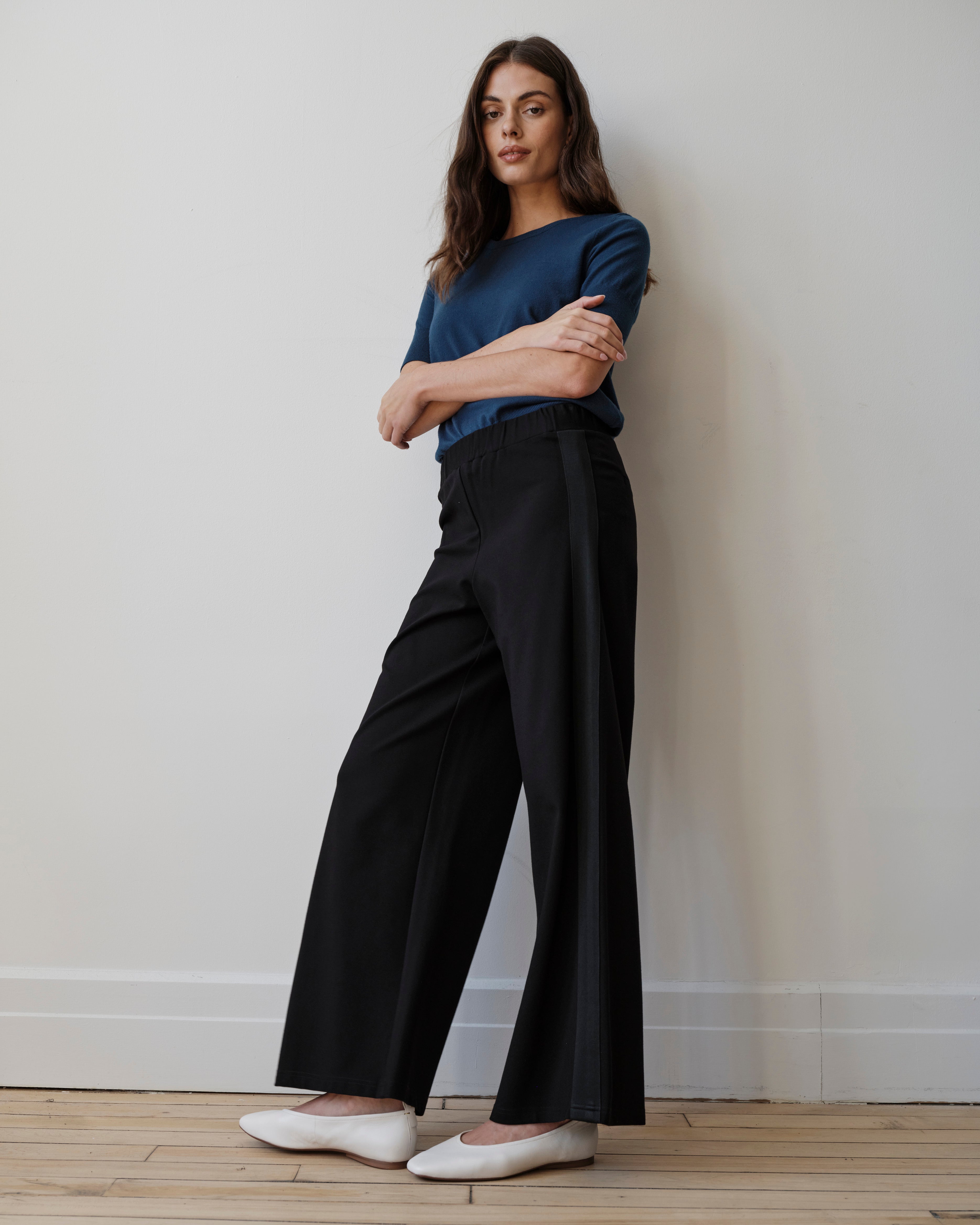 Stephanie Wide Leg Stripe Ponte Pants 30 Inch - Black with Black