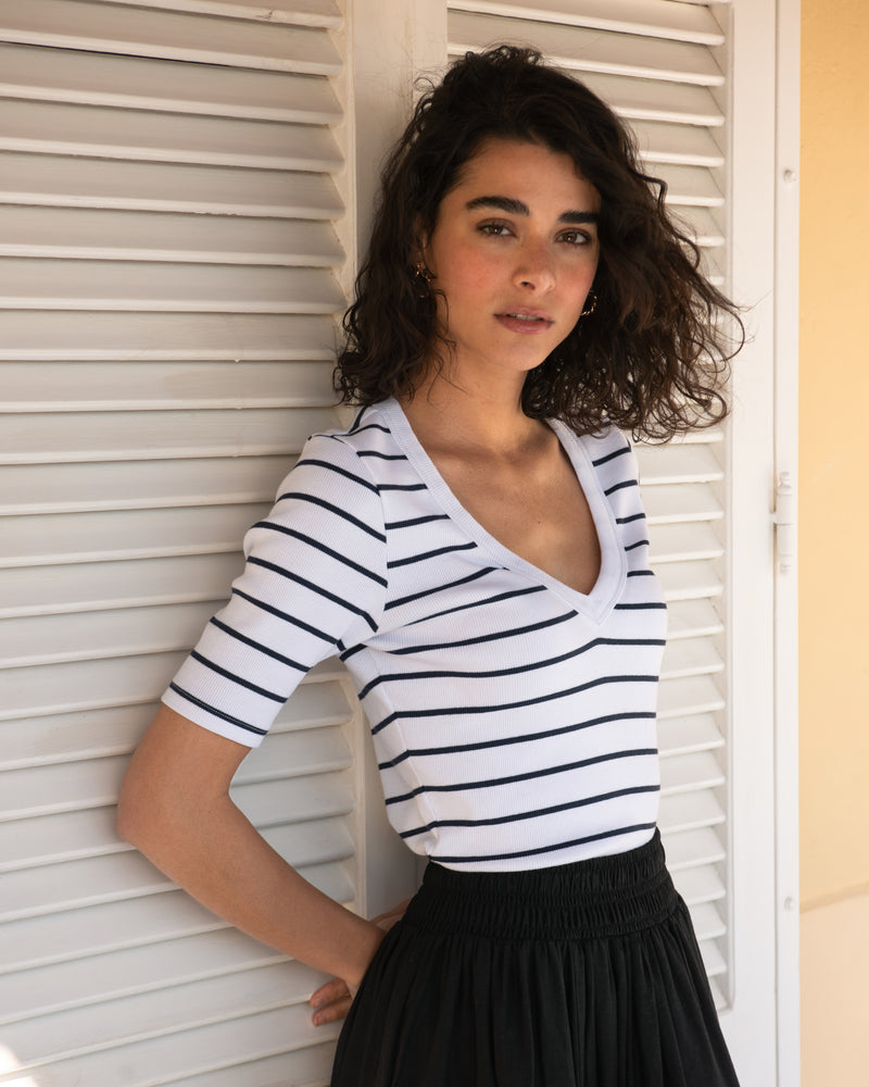 Classic V-Neck Ribbed Tee - Nautical Navy Stripe | Plus Size & Straight Size Women's Fashion | Universal Standard