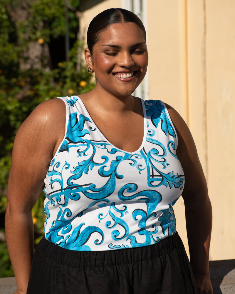 Double V Tank - Blue Majolica Print | Plus Size & Straight Size Women's Fashion | Universal Standard