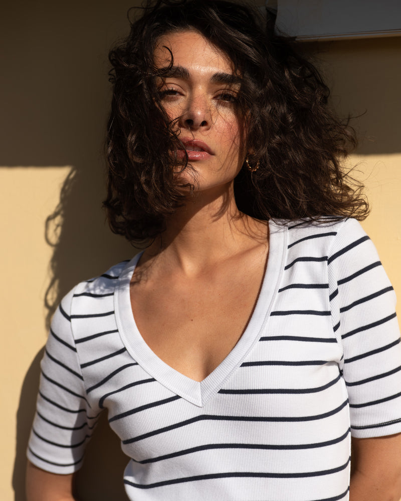 Classic V-Neck Ribbed Tee - Nautical Navy Stripe | Plus Size & Straight Size Women's Fashion | Universal Standard