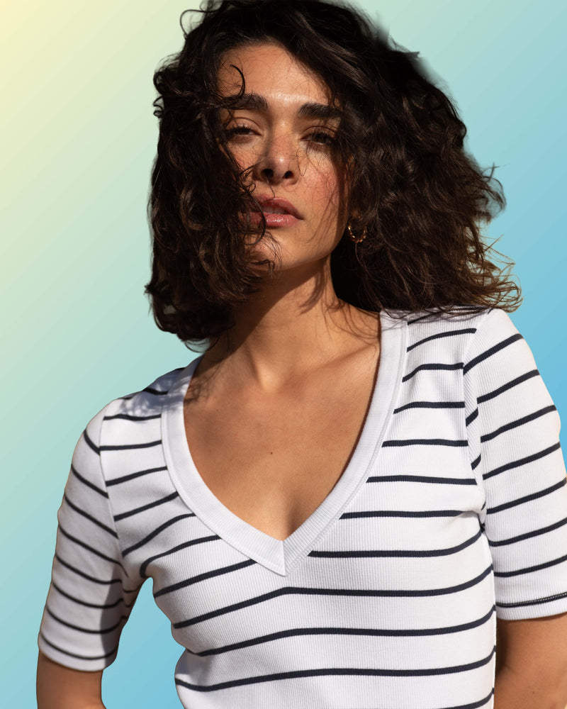 Classic V-Neck Ribbed Tee - Nautical Navy Stripe