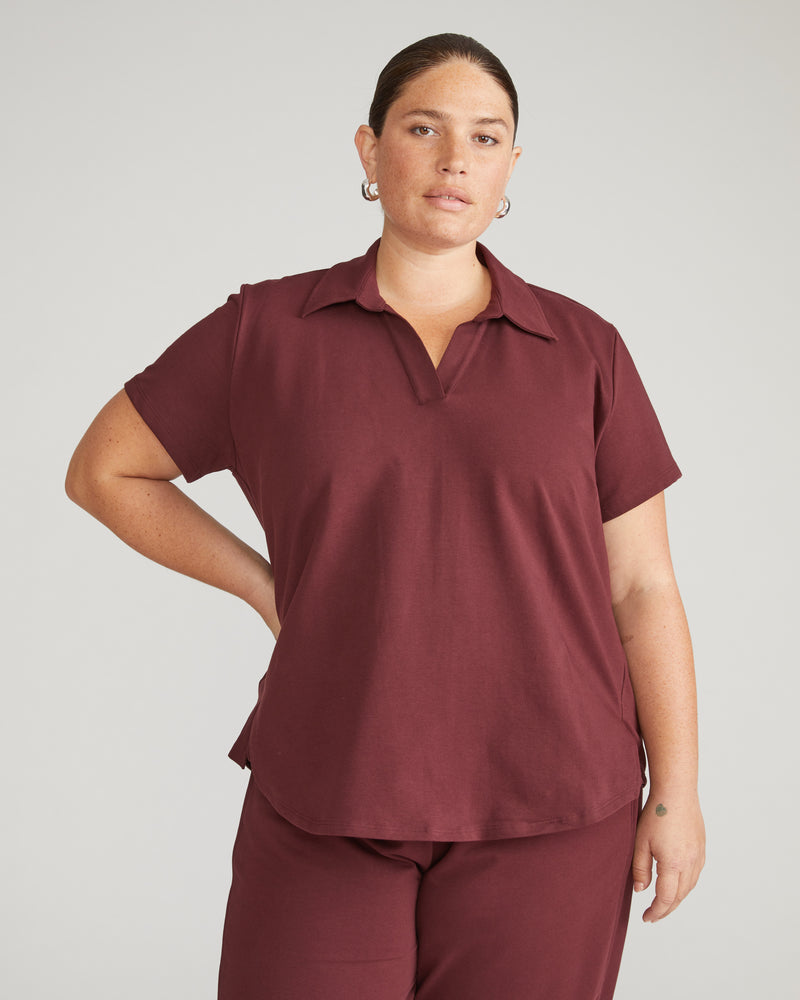 Varsity French Terry Polo Top - Black Cherry