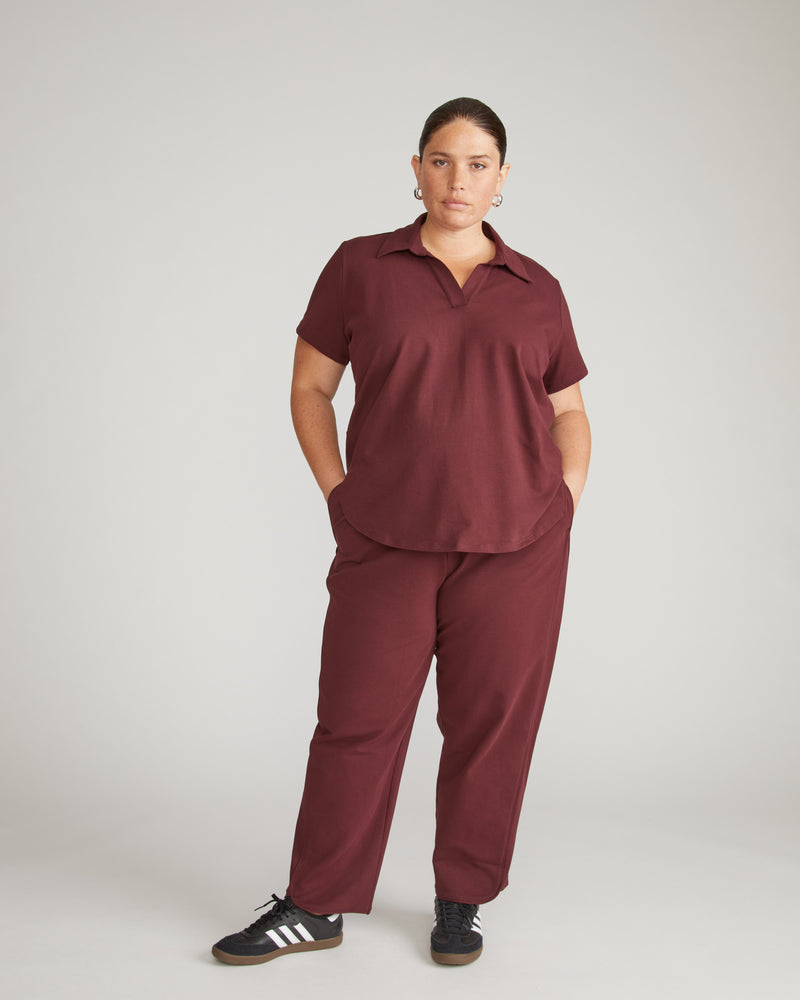 Varsity French Terry Polo Top - Black Cherry