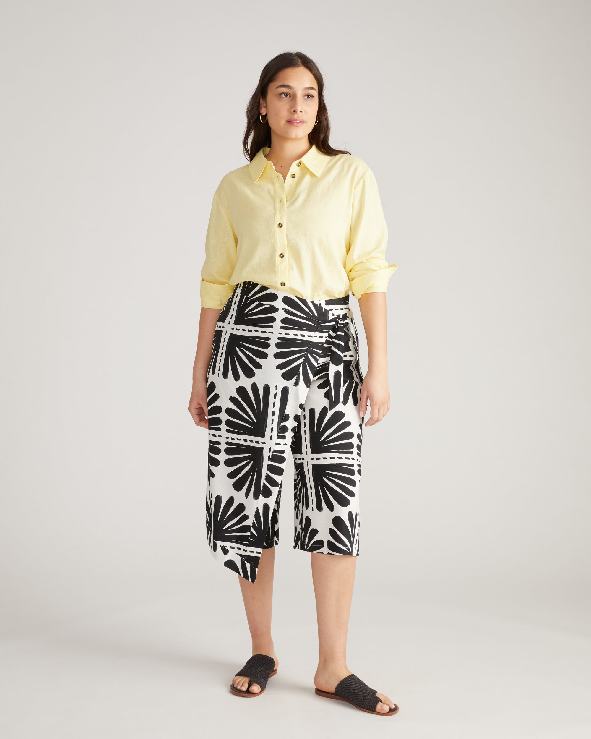 Villa Linen Wrap Culottes - Ink Bloom Print