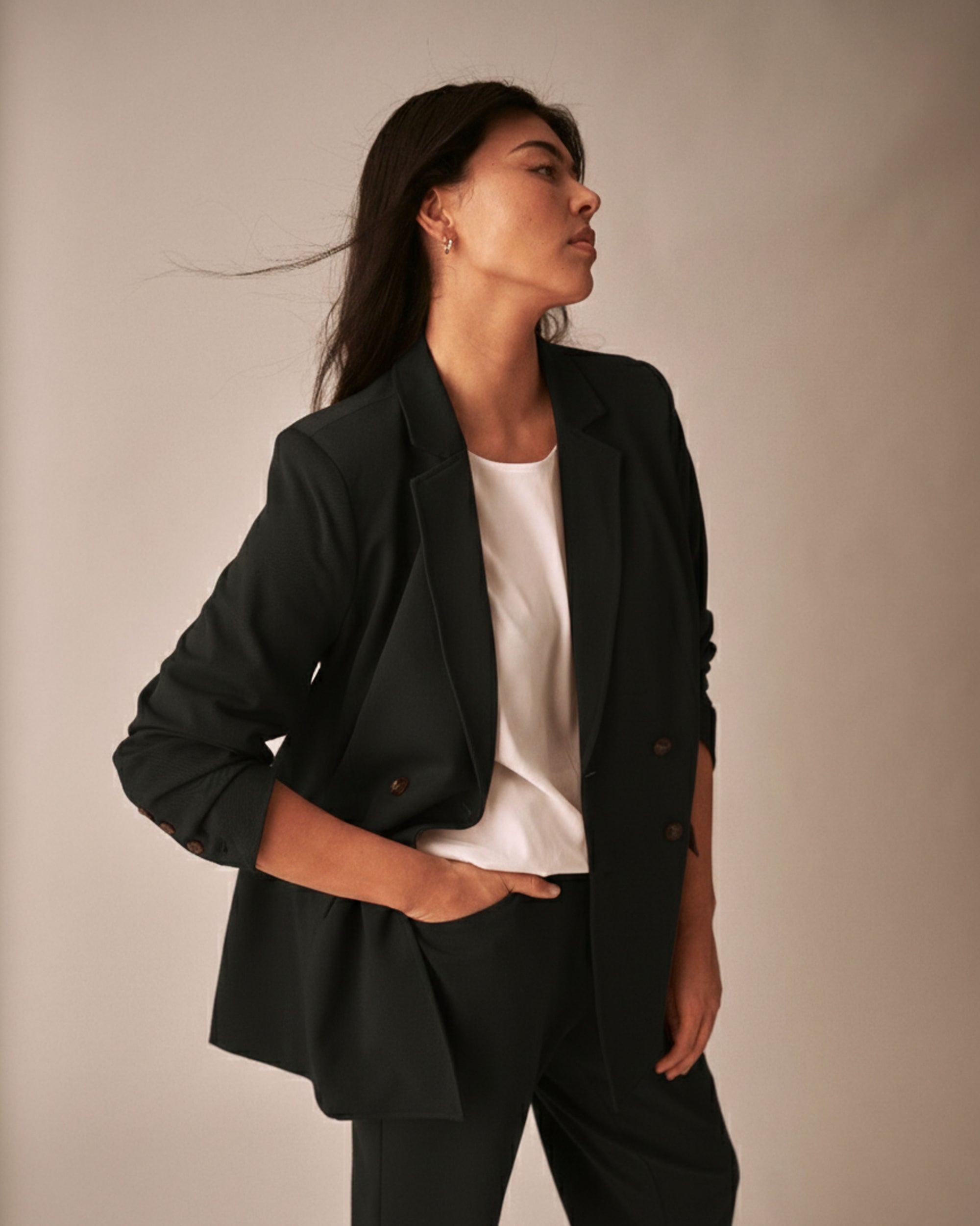 Woman wearing All Day Warren Double Breasted Blazer - Black from Universal Standard