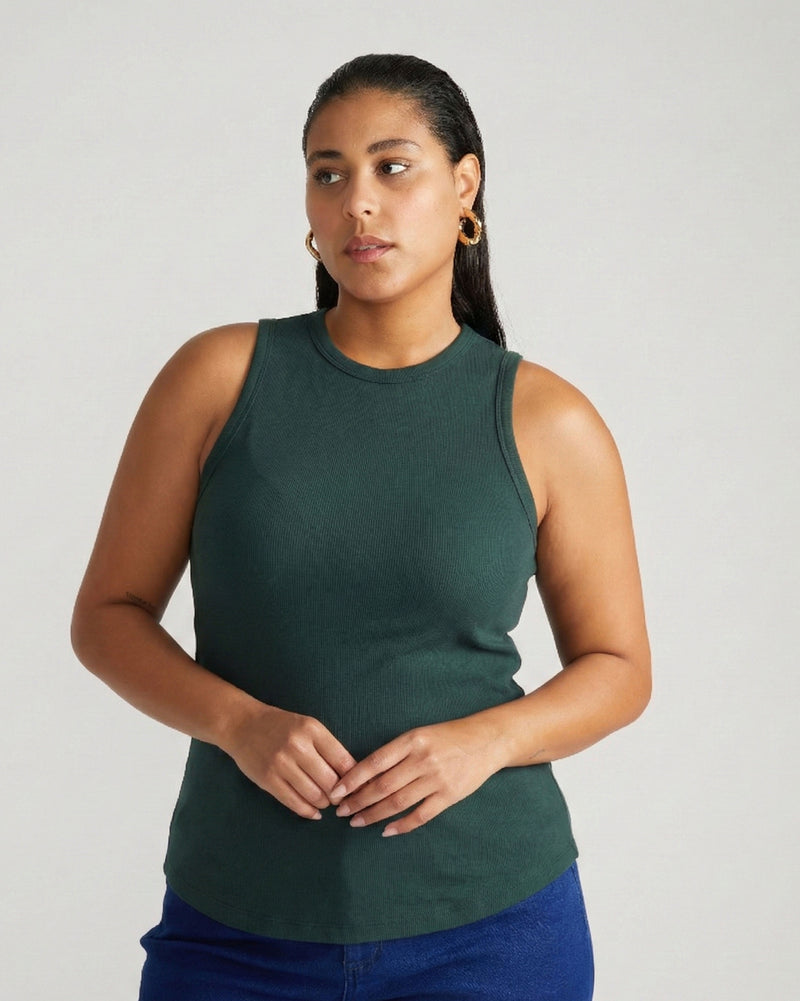Woman wearing Cai High Neck Tank - Forest Green from Universal Standard