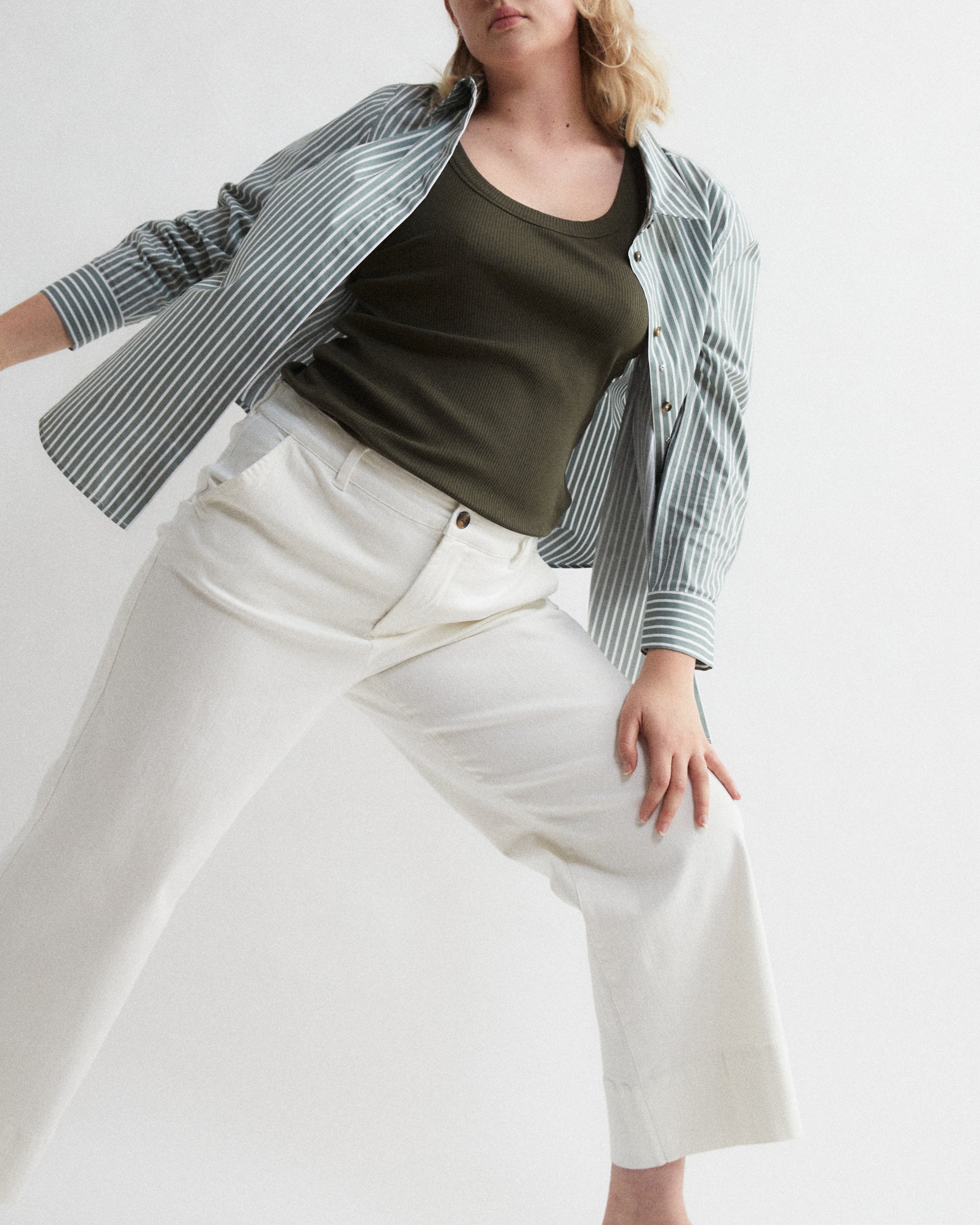 Woman wearing Elbe Stretch Poplin Shirt Classic Fit - Sage/White Stripe from Overstock Sale