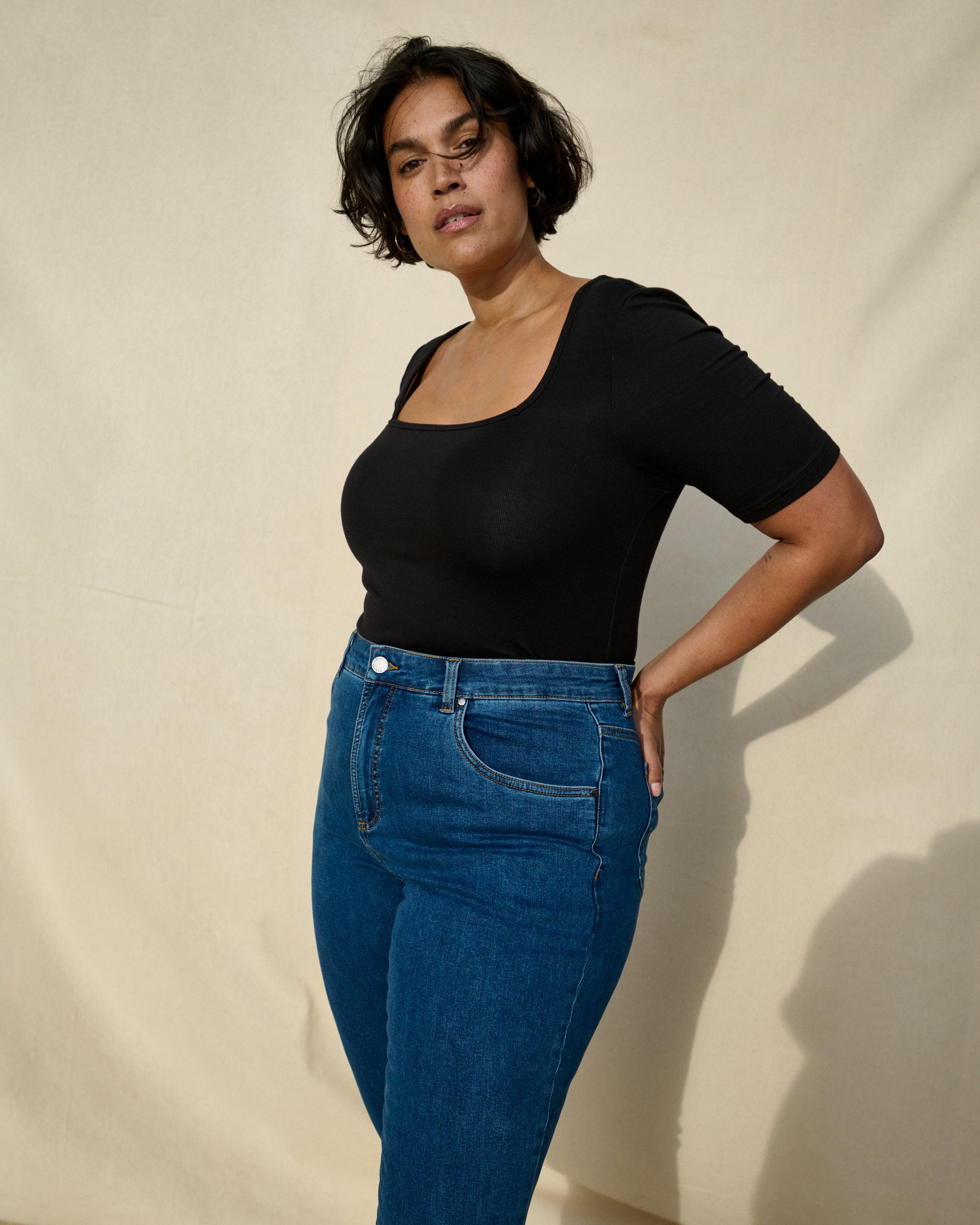 Cloud Rib Short Sleeve Square Neck Tee - Black | Plus Size & Straight Size Women's Fashion | Universal Standard