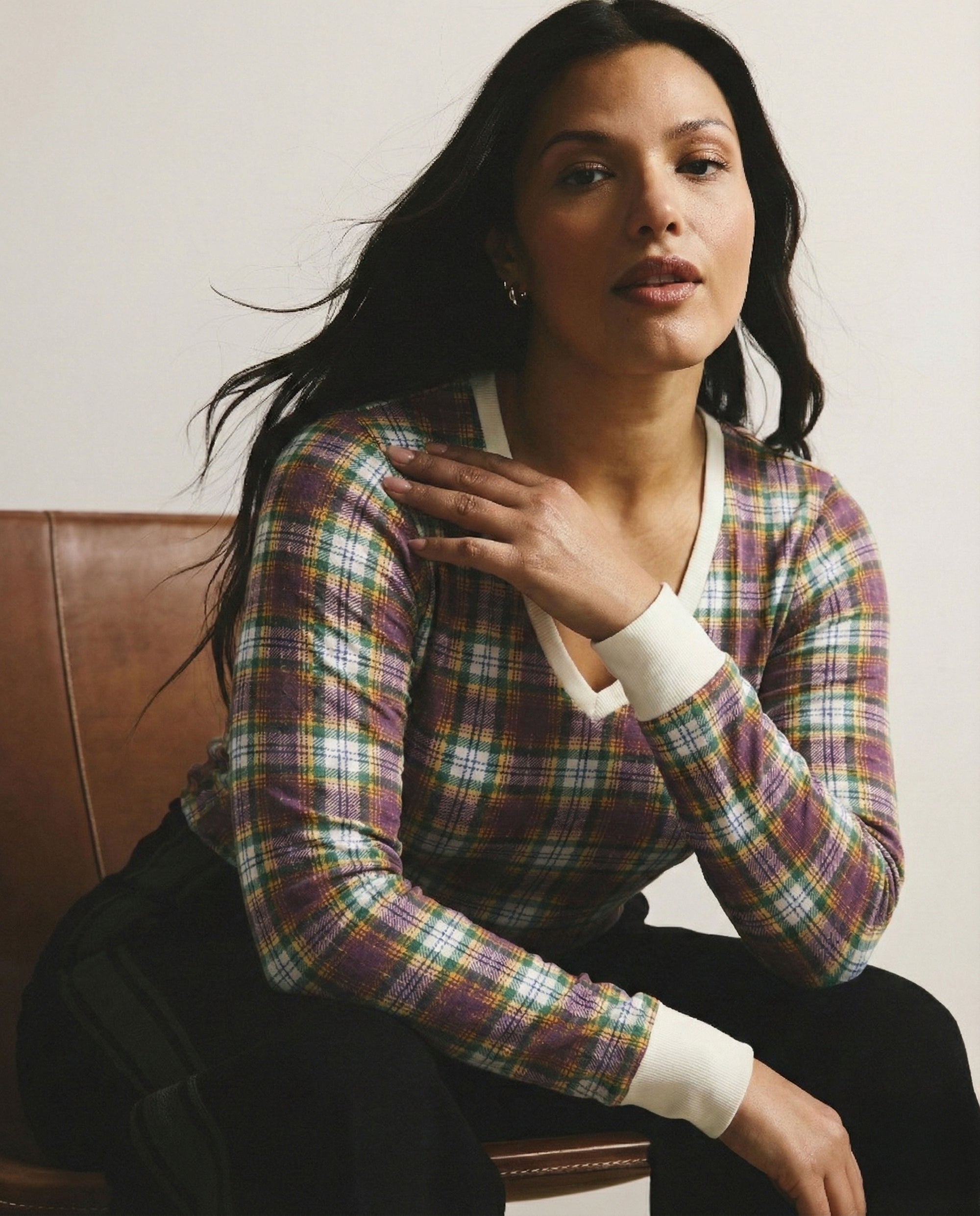 Long Sleeve V Rex - Purple Plaid