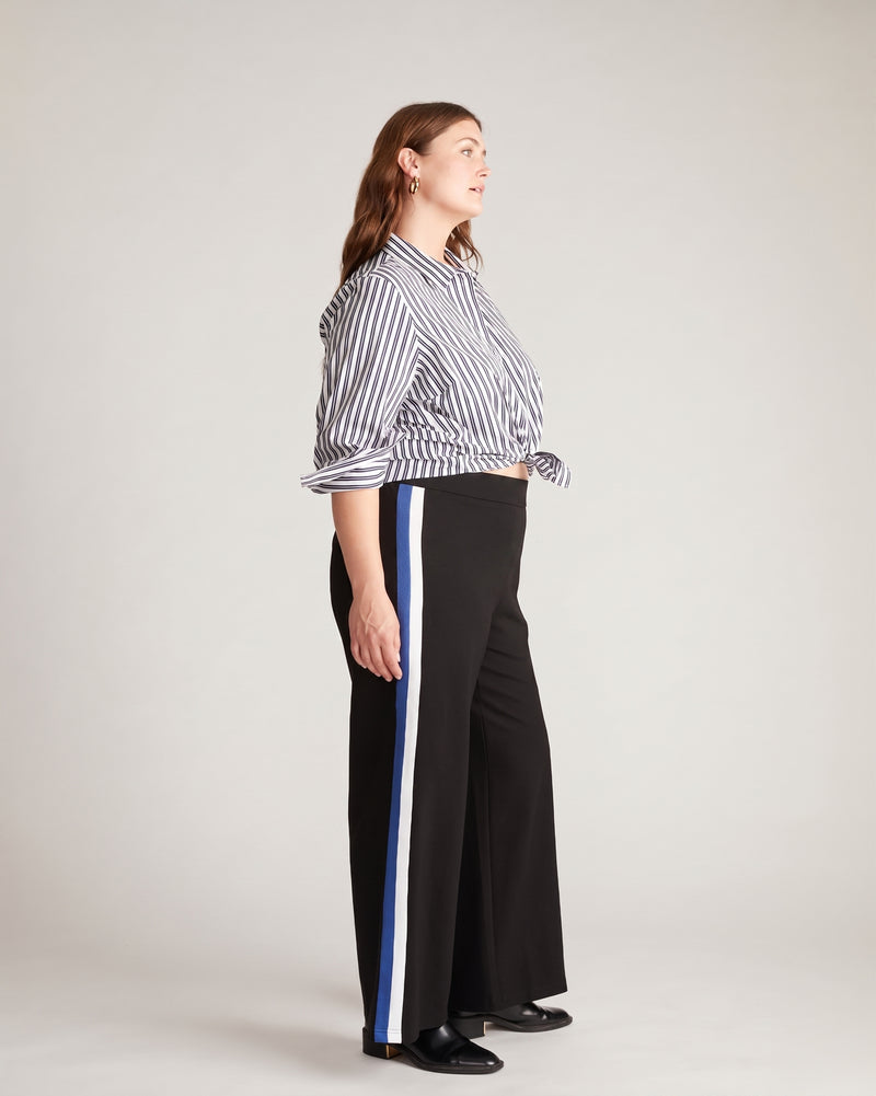 Stephanie Wide Leg Stripe Ponte Pants 30 Inch - Black with Blue/White Stripe | Plus Size & Straight Size Women's Fashion | Universal Standard