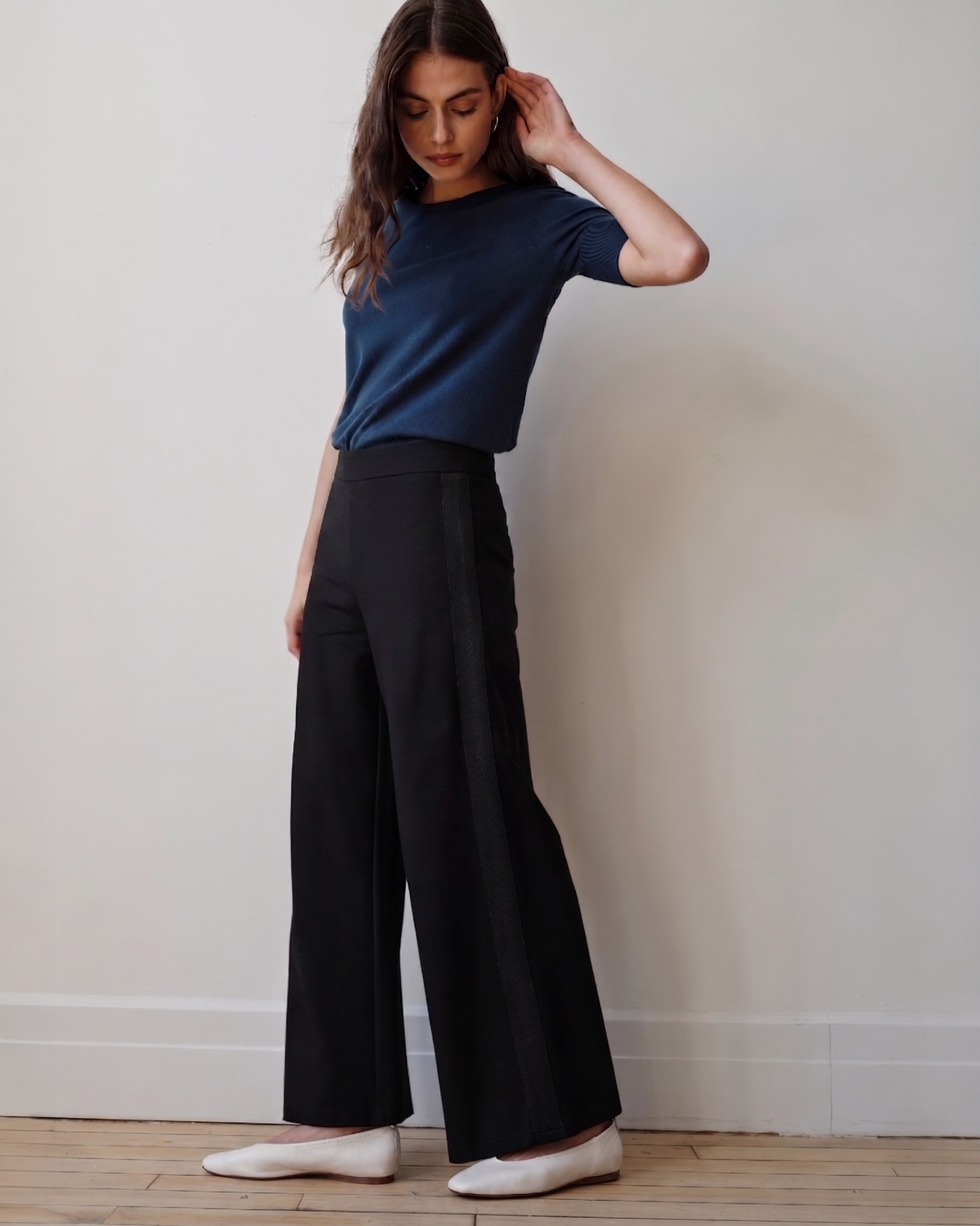 Stephanie Wide Leg Stripe Ponte Pants 30 Inch - Black with Black