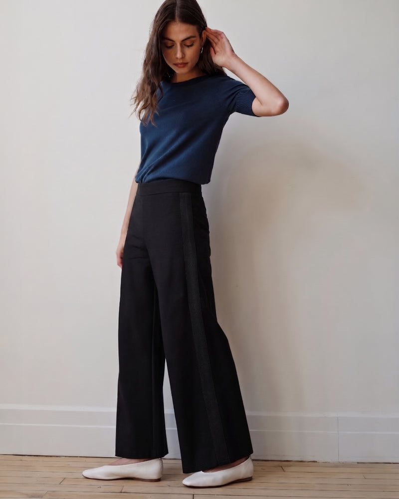 Stephanie Wide Leg Stripe Ponte Pants 30 Inch - Black with Black Stripe | Plus Size & Straight Size Women's Fashion | Universal Standard
