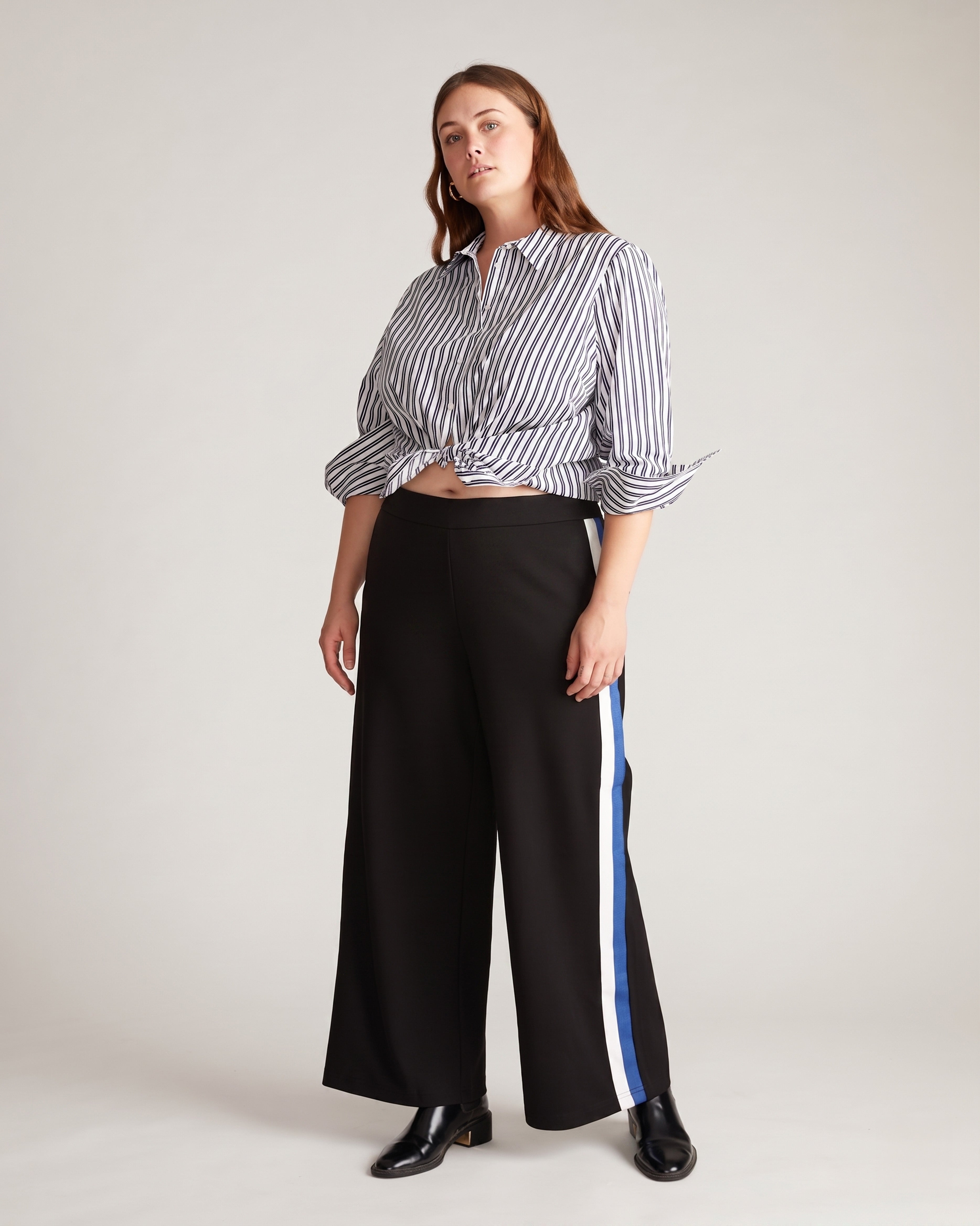 Stephanie Wide Leg Stripe Ponte Pants 30 Inch - Black with Blue/White Stripe | Plus Size & Straight Size Women's Fashion | Universal Standard
