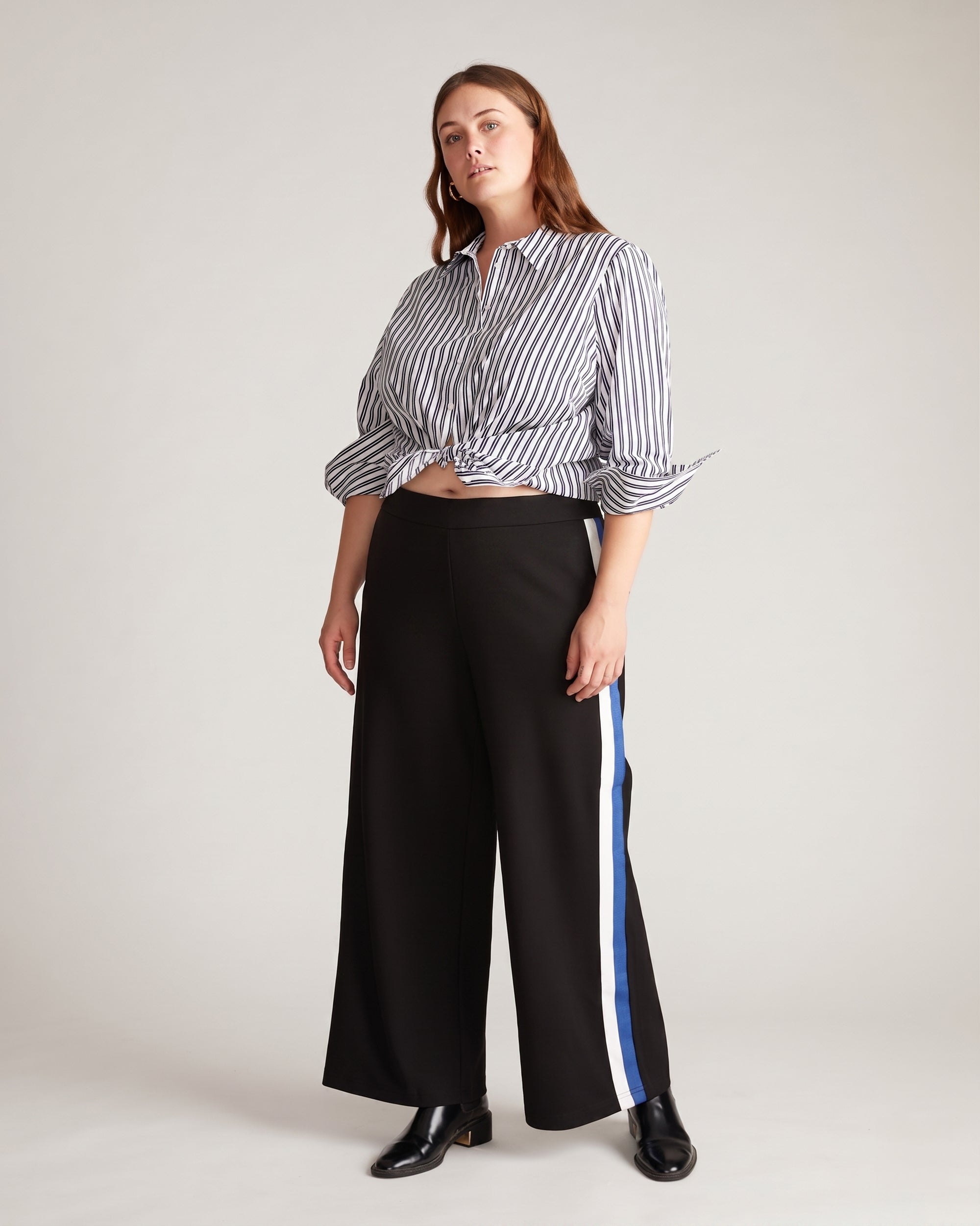 Stephanie Wide Leg Stripe Ponte Pants 30 Inch - Black with Blue/White Stripe | Plus Size & Straight Size Women's Fashion | Universal Standard