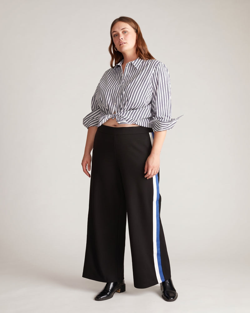 Stephanie Wide Leg Stripe Ponte Pants 30 Inch - Black with Blue/White Stripe | Plus Size & Straight Size Women's Fashion | Universal Standard