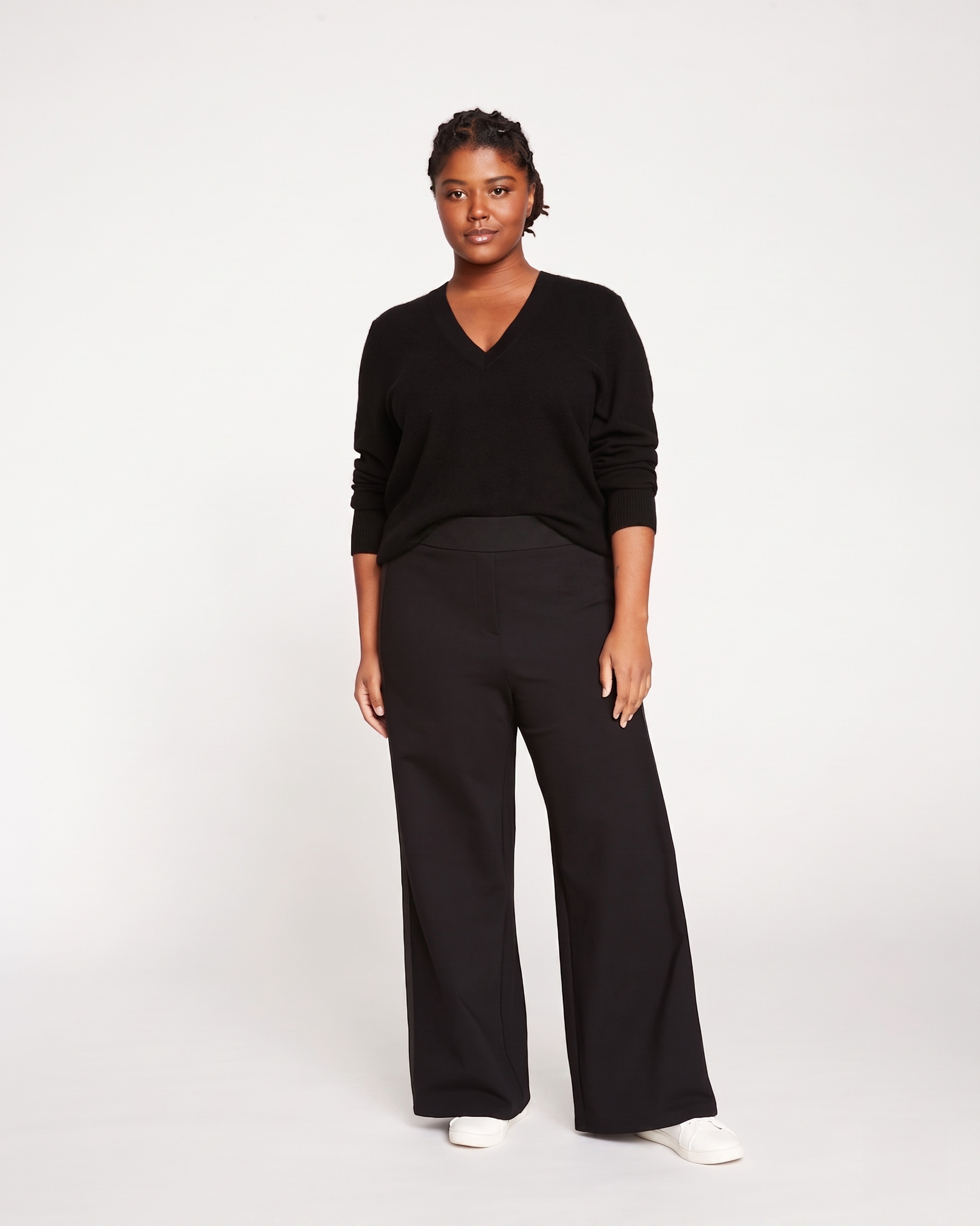 Stephanie Wide Leg Stripe Ponte Pants 30 Inch - Black with Black