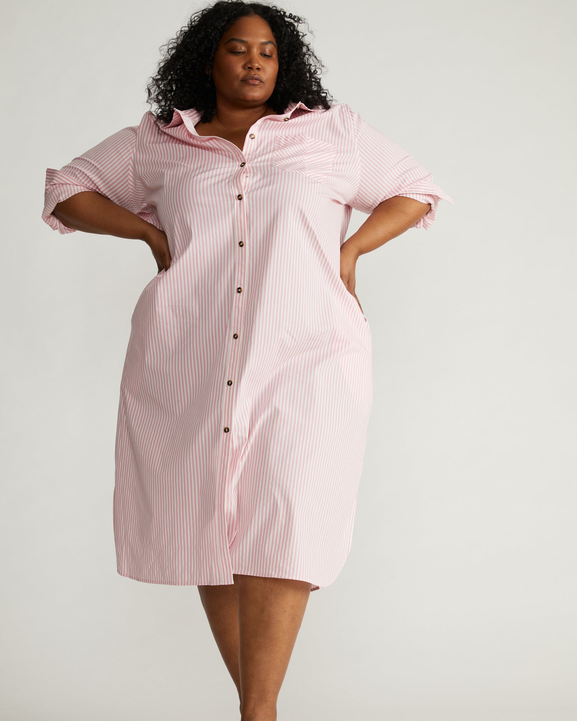 Odeon Stretch Poplin Shirtdress - Pink/White Stripe Universal Standard Odeon Stretch Poplin Shirtdress - Pink/White Stripe Universal Standard
