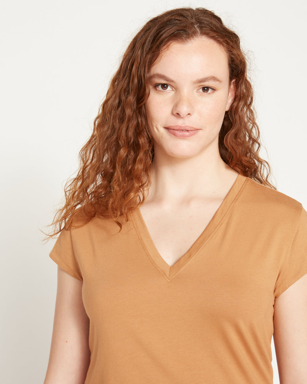 Ashley V Neck Cap Sleeve Tee - Caramel